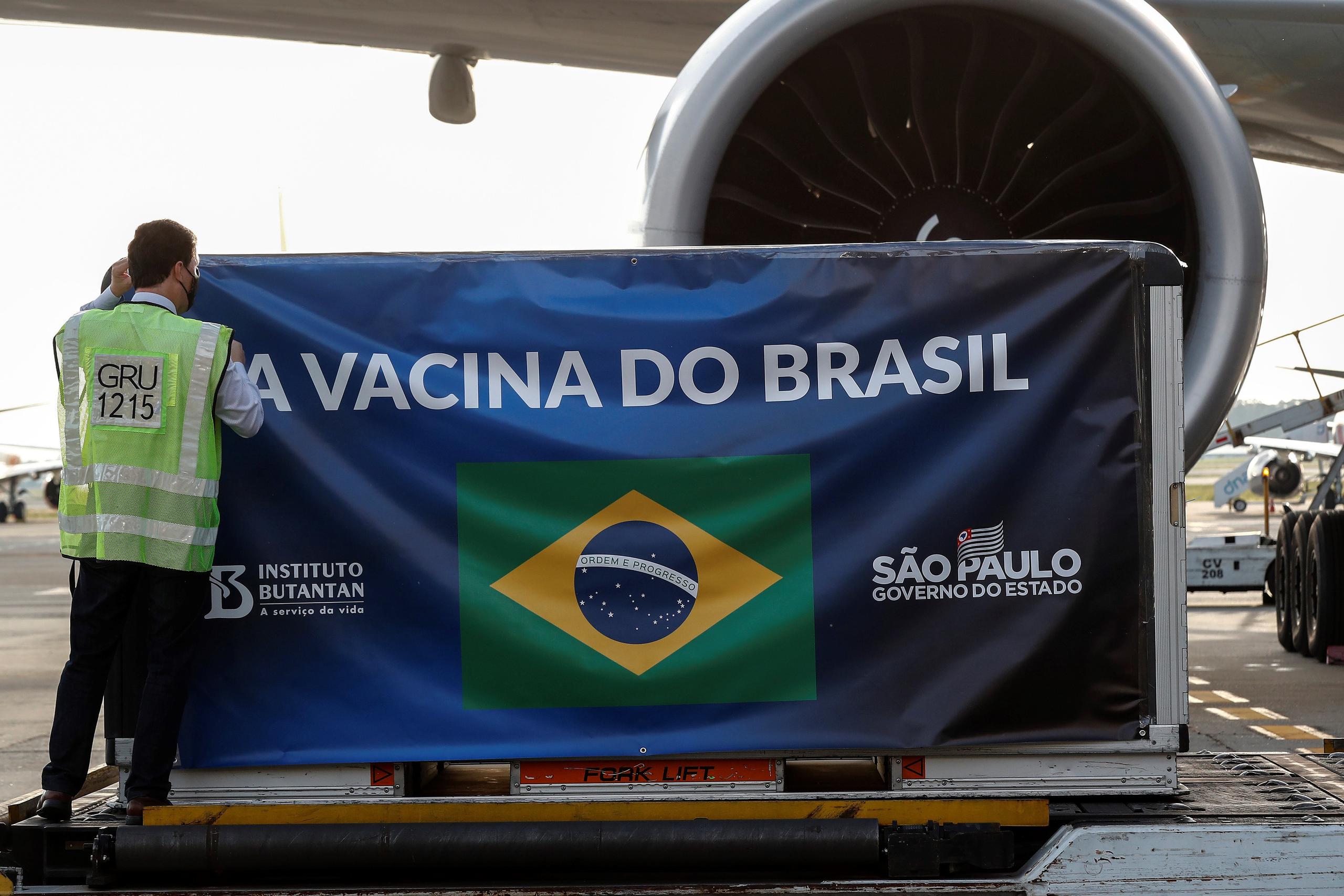 Un trabajador descarga en el aeropuerto internacional de Guarulhos, que opera para la ciudad de Sao Paulo (Brasil), el segundo lote de la ""Coronavac"".