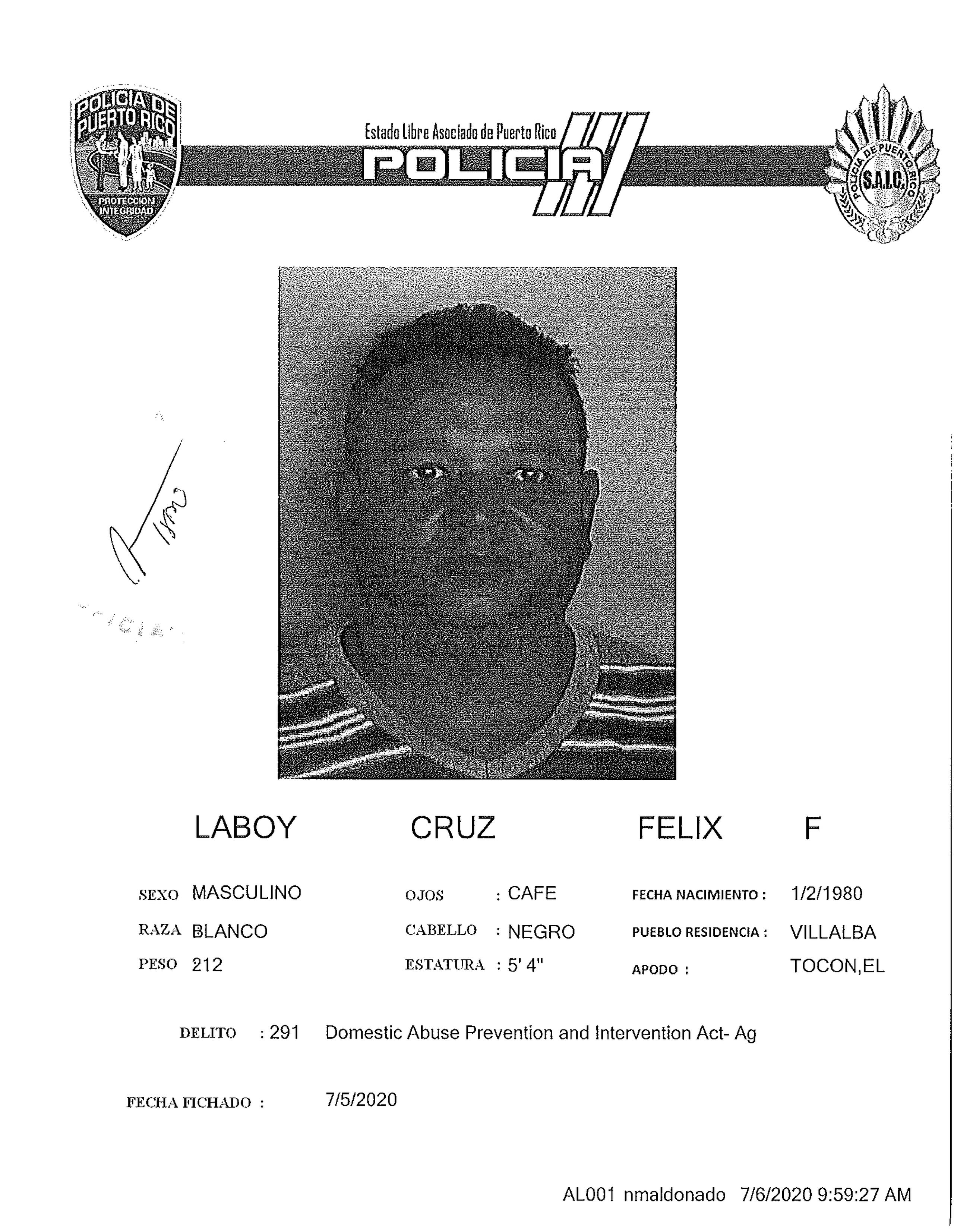 Félix F. Laboy Cruz, de 40 años, fue acusado por maltrato agravado bajo la Ley 54 para la Prevención e Intervención con la Violencia Doméstica y quedó en libertad al prestar una fianza de $20,000.