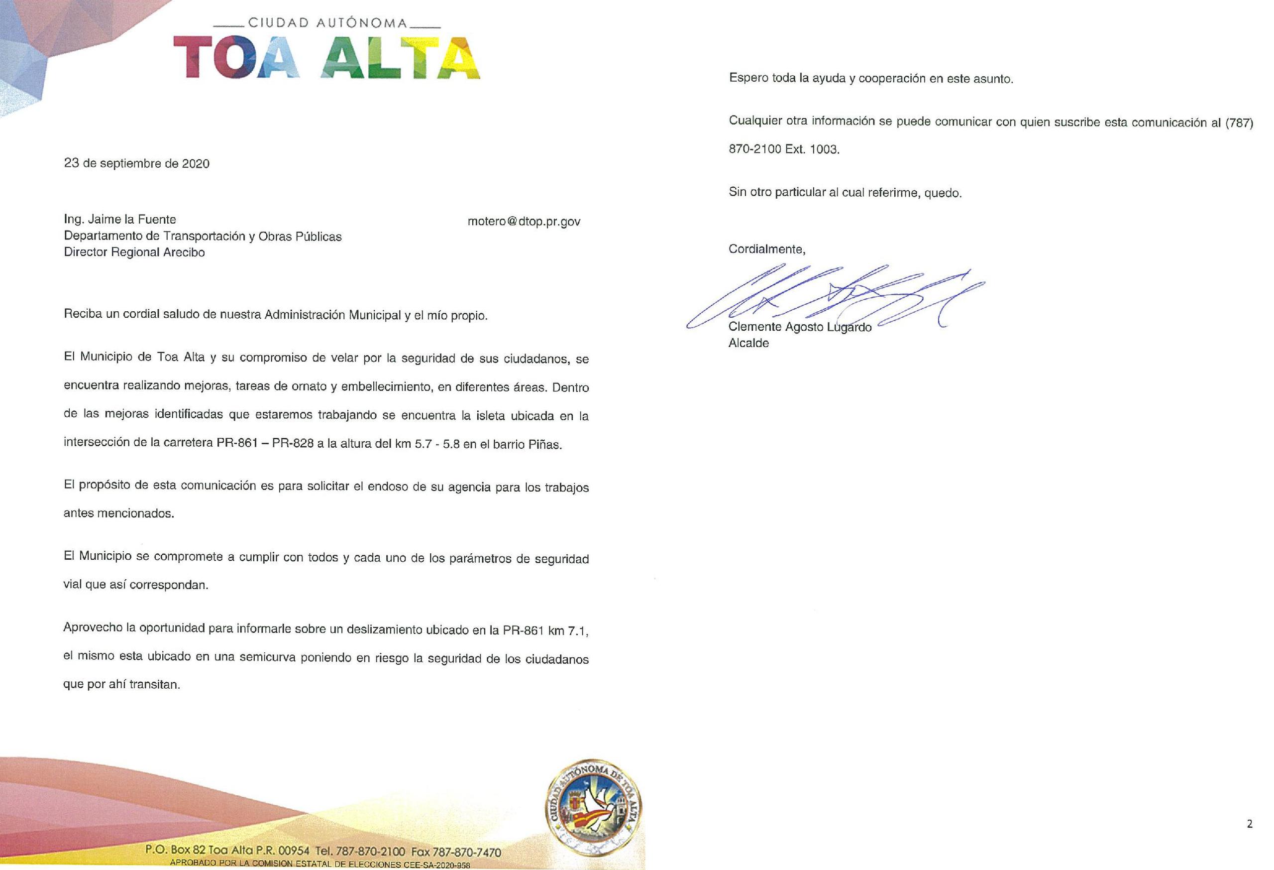 Carta enviada al Departamento de Transportación y Obras Públicas por el alcalde Clemente “Chito” Agosto.