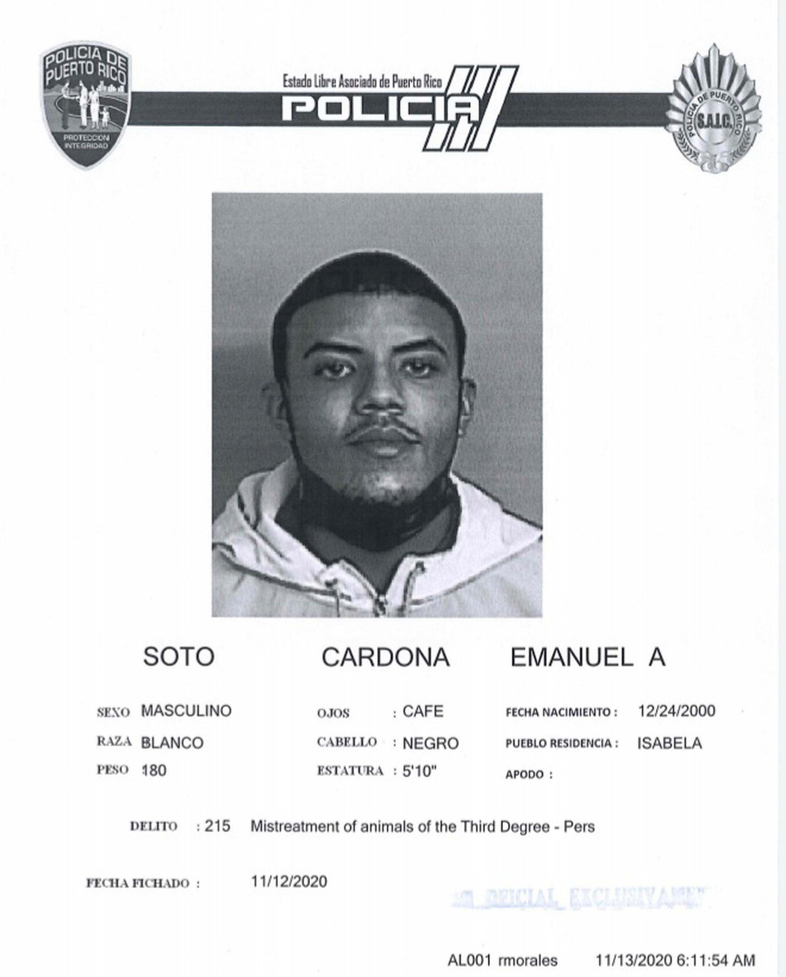 Ficha policíaca de Emanuel A. Soto Cardona.