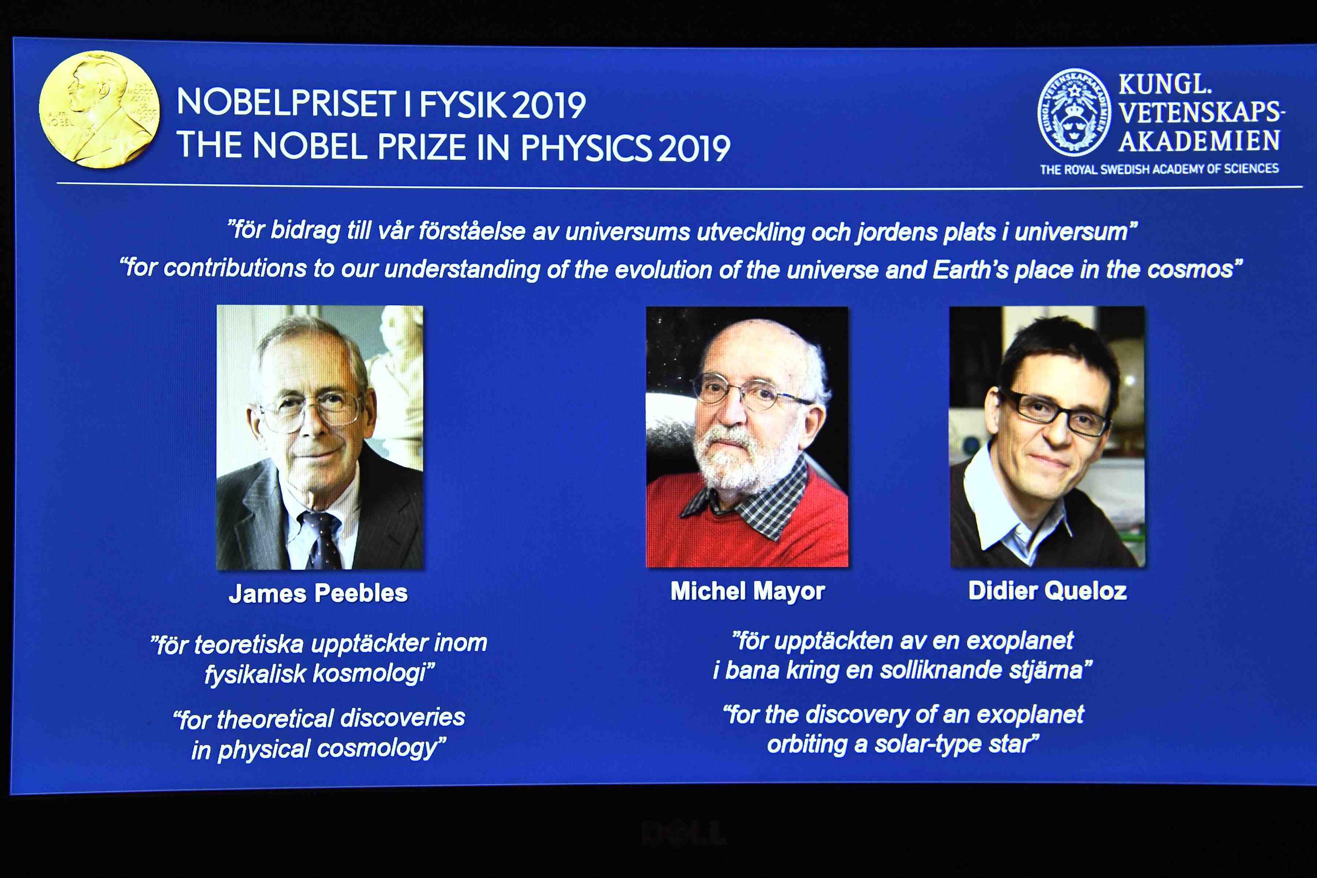 James Peebles, Michel Mayor y Didier Queloz, ganadores del Nobel de Física. (Claudio Bresciani / TT / AP)