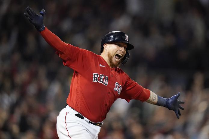 Boston Red Sox Christian Vazquez reacts after hitting a walk-off home run against the Tampa Bay Rays during the thirteenth inning during Game 3 of a baseball American League Division Series, Sunday, Oct. 10, 2021, in Boston. The Red Sox won 6-4. (AP Photo/Charles Krupa)