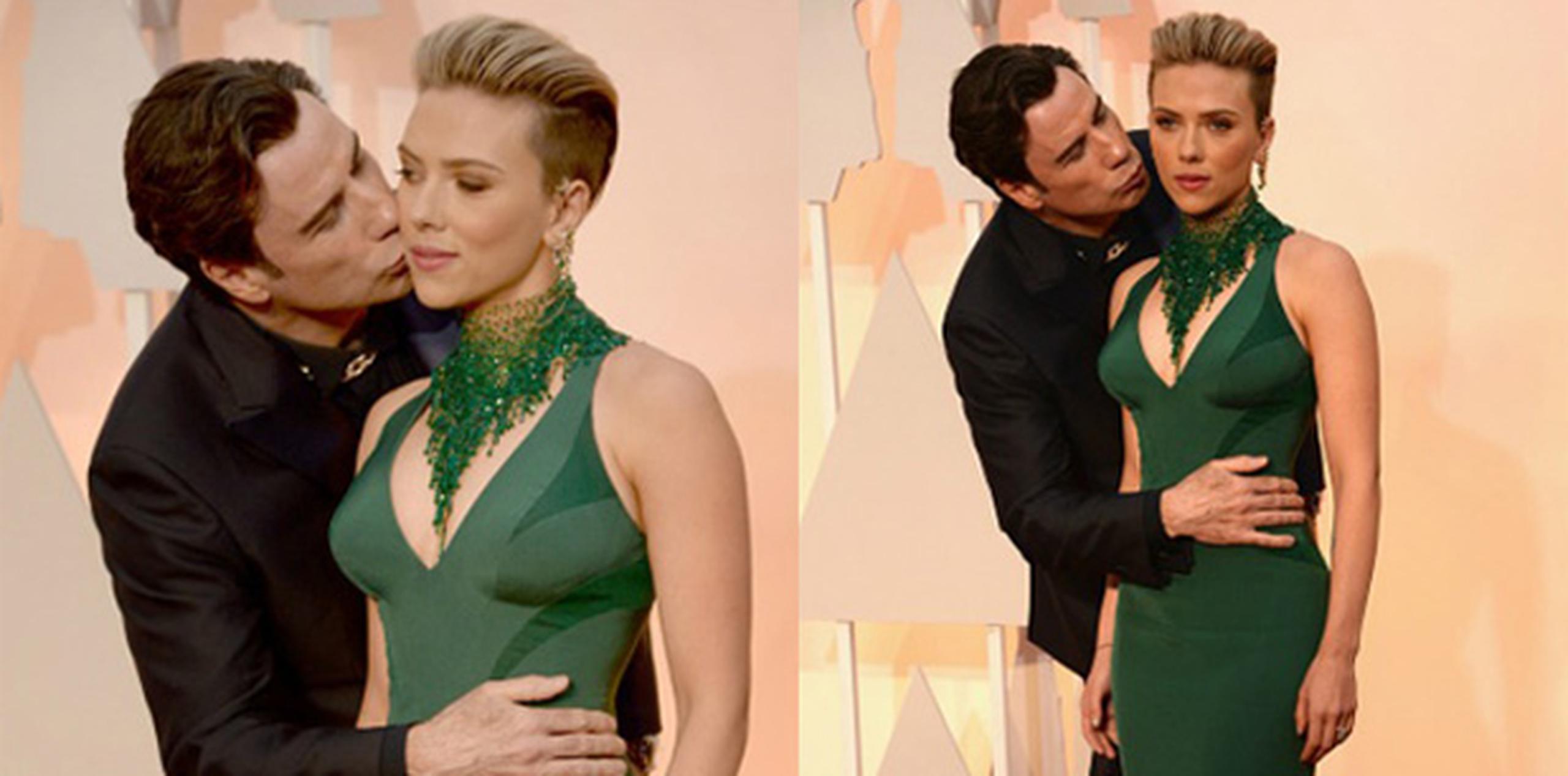 Imágenes de Travolta besando a Scarlett Johansson frente a los fotógrafos en la alfombra roja se volvieron virales, convirtiendo al astro en un chiste en las redes.  (AP)