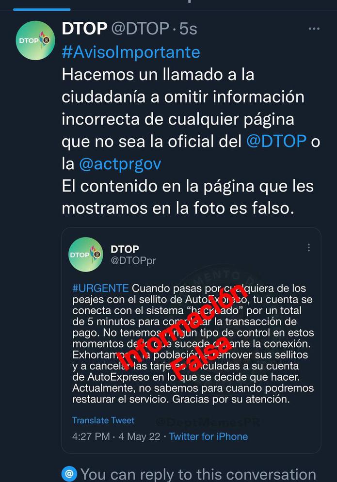 El DTOP alertó a los ciudadanos en un comunicado de prensa a omitir información falsa que provino de una cuenta de Twitter que se hace pasar por la agencia.