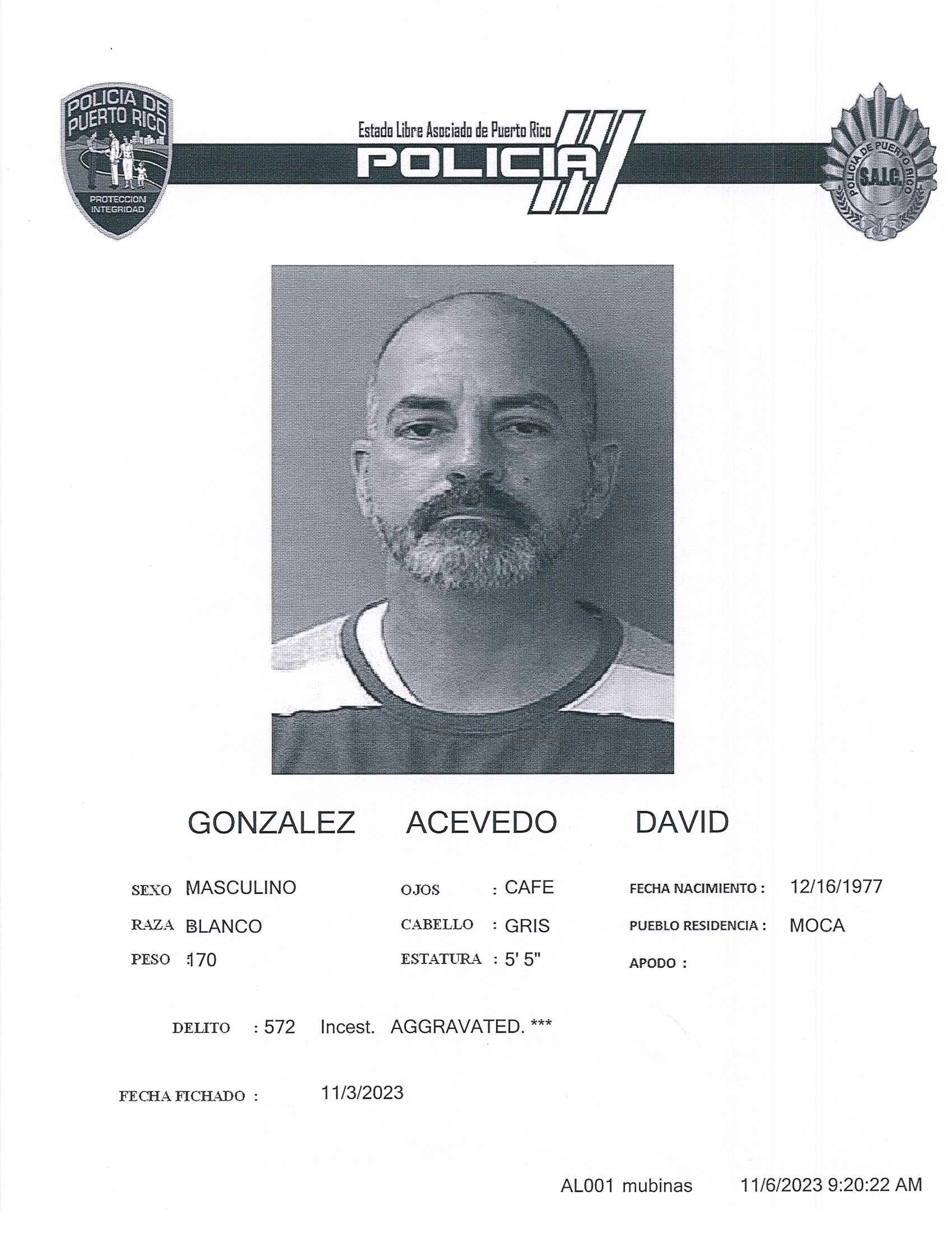 Ficha policial de David González Acevedo, acusado de agresión sexual y actos lascivos.