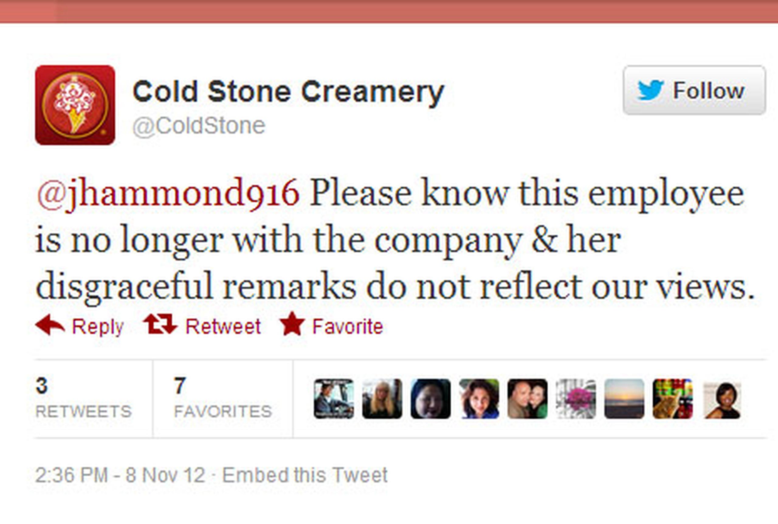 Cold Stone Creamery pasó gran parte del jueves respondiendo a los tweets sobre el “post” de la mujer. (Twitter)