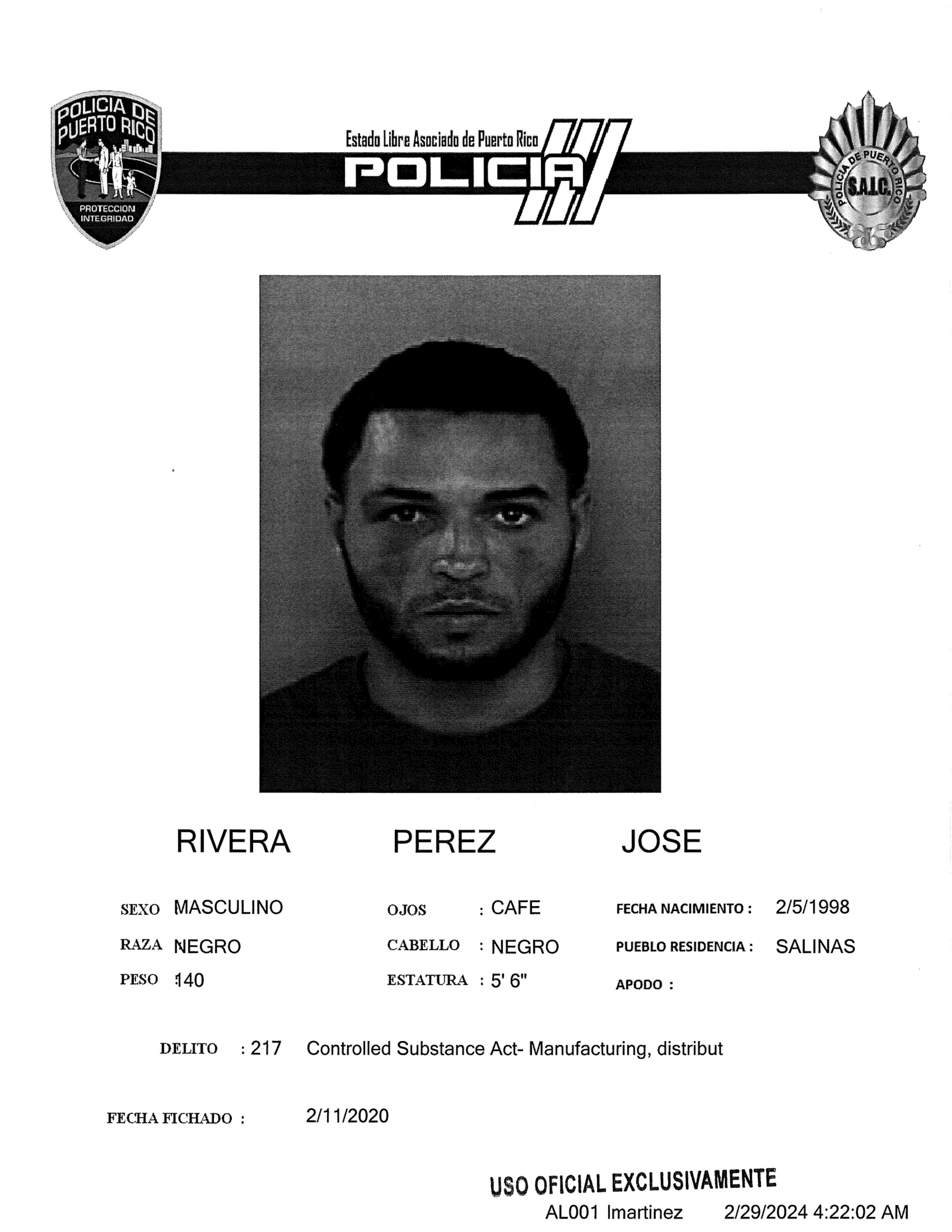 Ficha policial del occiso, José Rivera Pérez.