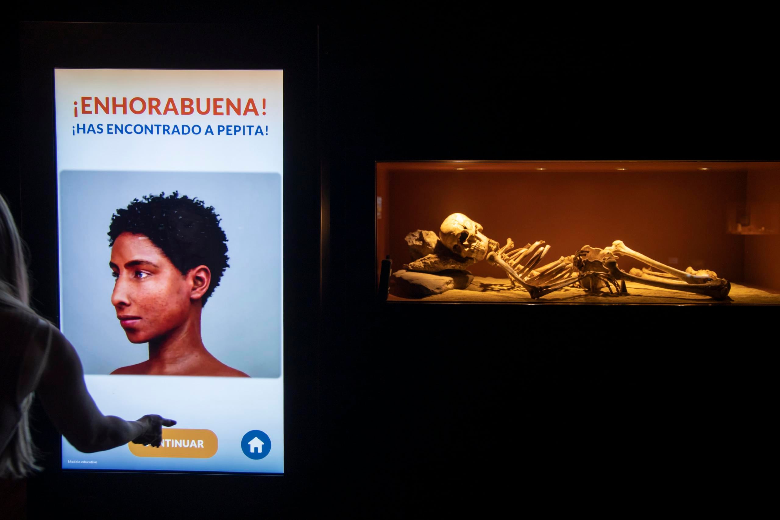 Tez morena, pelo rizado, ojos claros y mentón prominente: así era 'Pepita', el esqueleto de casi 10.000 años de antigüedad que fue hallado en la década de los 80 en la Cueva de Nerja y que ahora, gracias al 3D y la inteligencia artificial, ha vuelto a la vida en el museo de la ciudad. EFE/ Daniel Pérez
