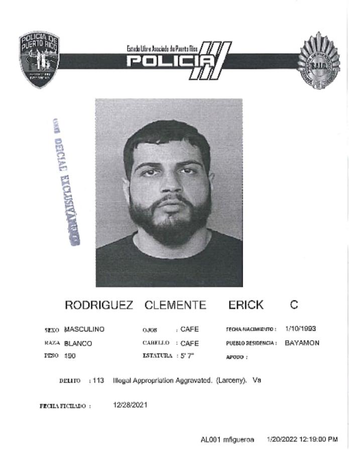 Ficha de Erick C. Rodríguez Clemente, fugitivo arrestado en Bayamón.