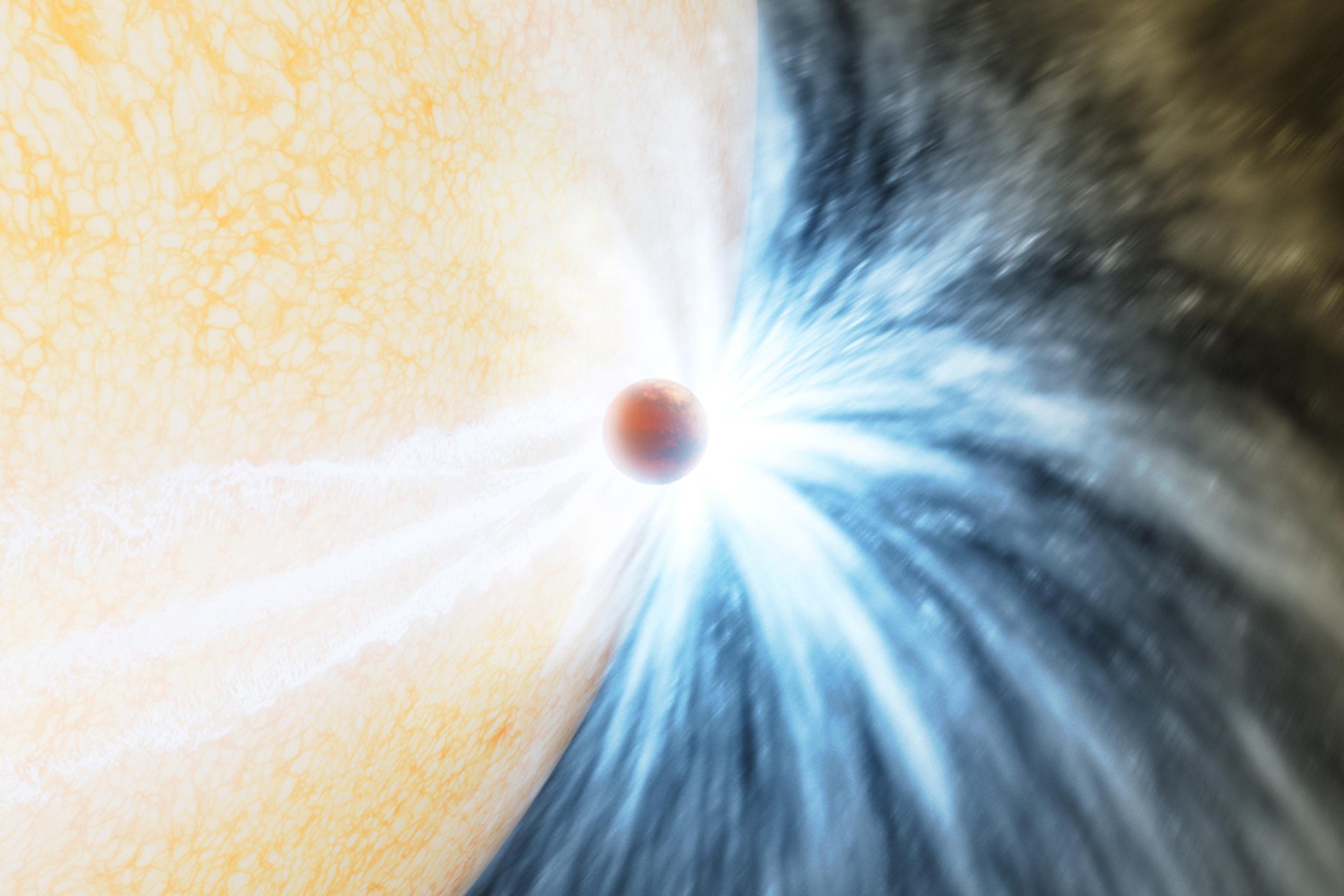 Impresión artística de un planeta rozando la superficie de su estrella, al que acabará por engullir. Imagen cedida por K. Miller/R. Hurt (Caltech/IPAC). EFE
