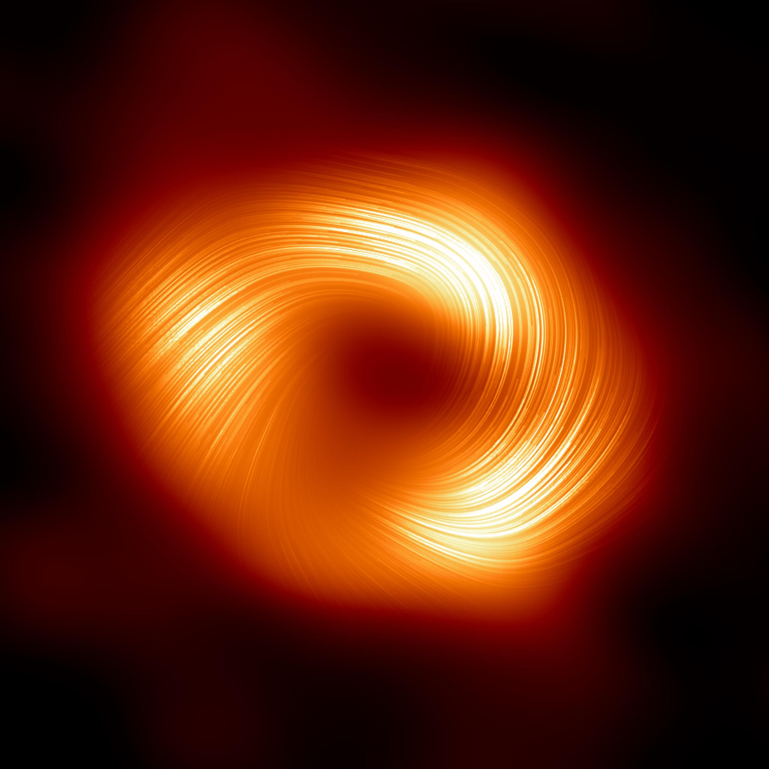 Una vista del agujero negro supermasivo de la Vía Láctea Sagitario A* en luz polarizada. Crédito: EHT Collaboration. Imagen facilitada por el ESO.
