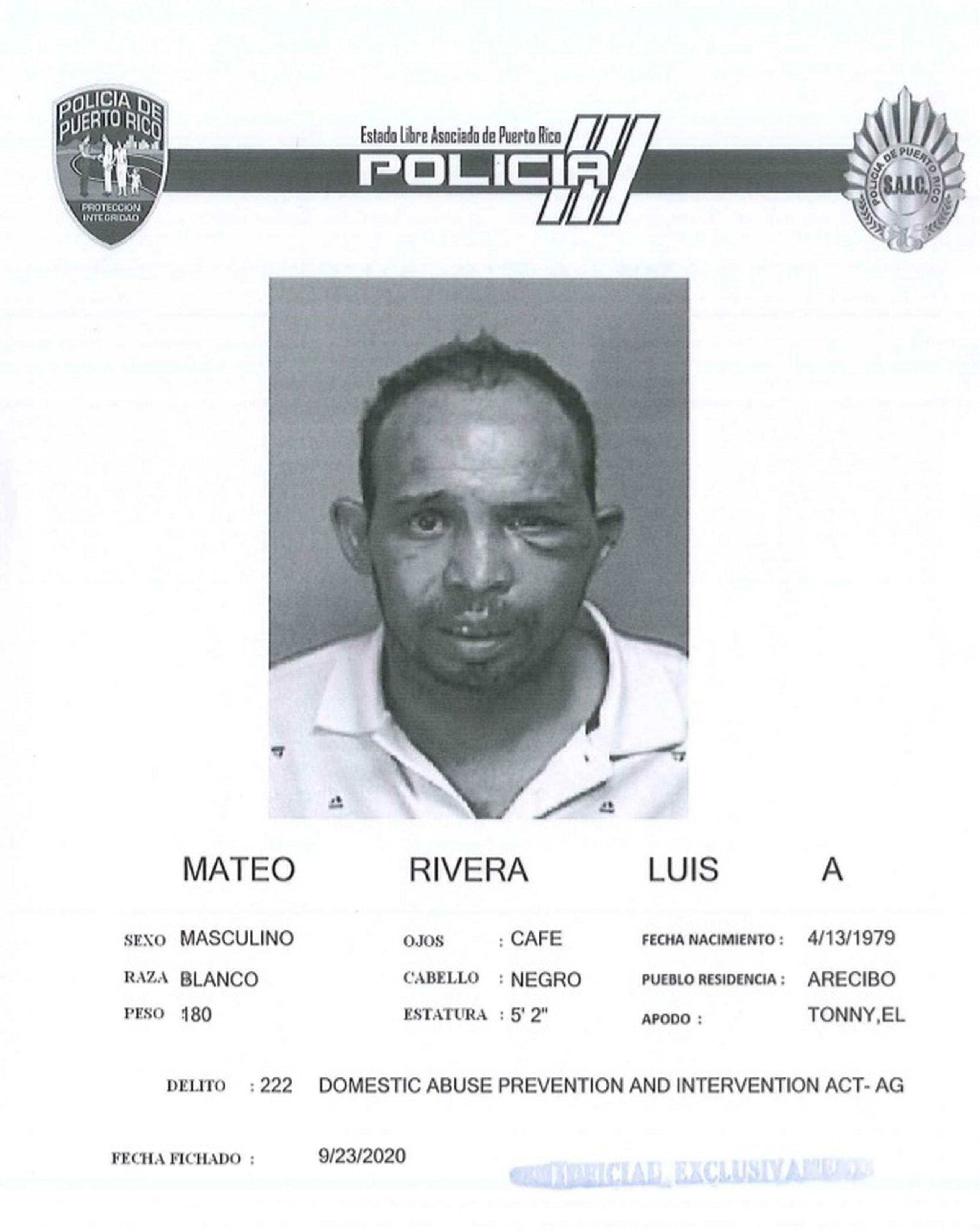 Luis A. Mateo Rivera fue acusado por los delitos de tentativa de asesinato, violación a la Ley de Armas, daños agravados, agresión y amenaza bajo la Ley 54 Para la Prevención e Intervención con la Violencia Doméstica.