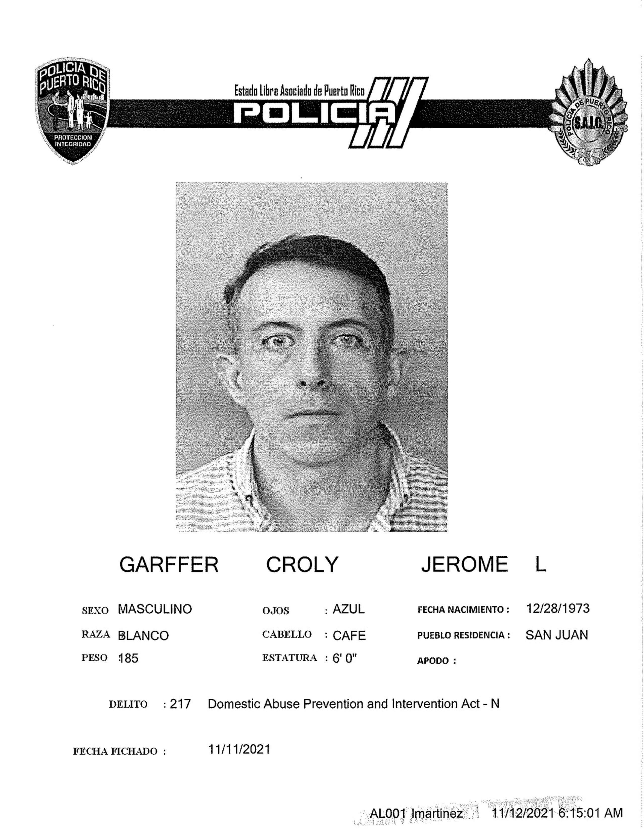 Ficha policial de Jerome Garffer Croly tras su arresto.