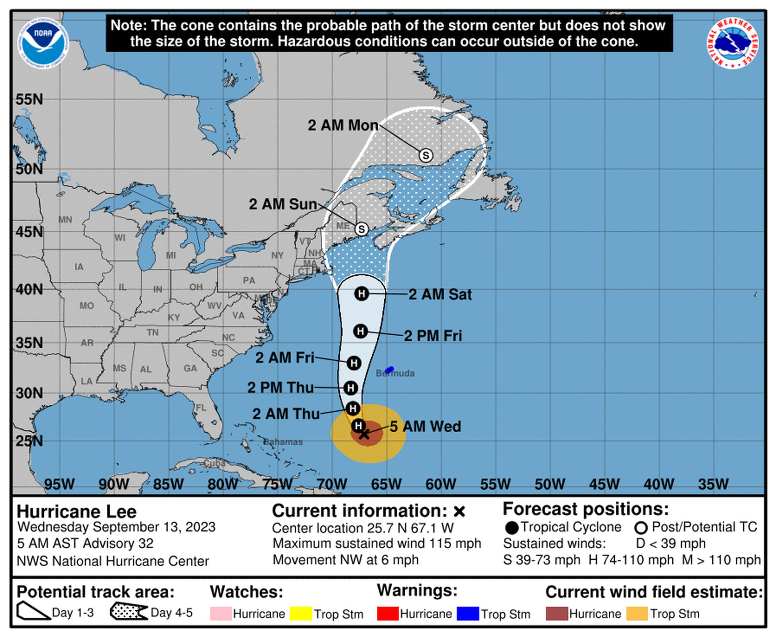 Se prevé que el centro de Lee, ahora un huracán de categoría dos, pase al oeste de Bermudas el jueves.