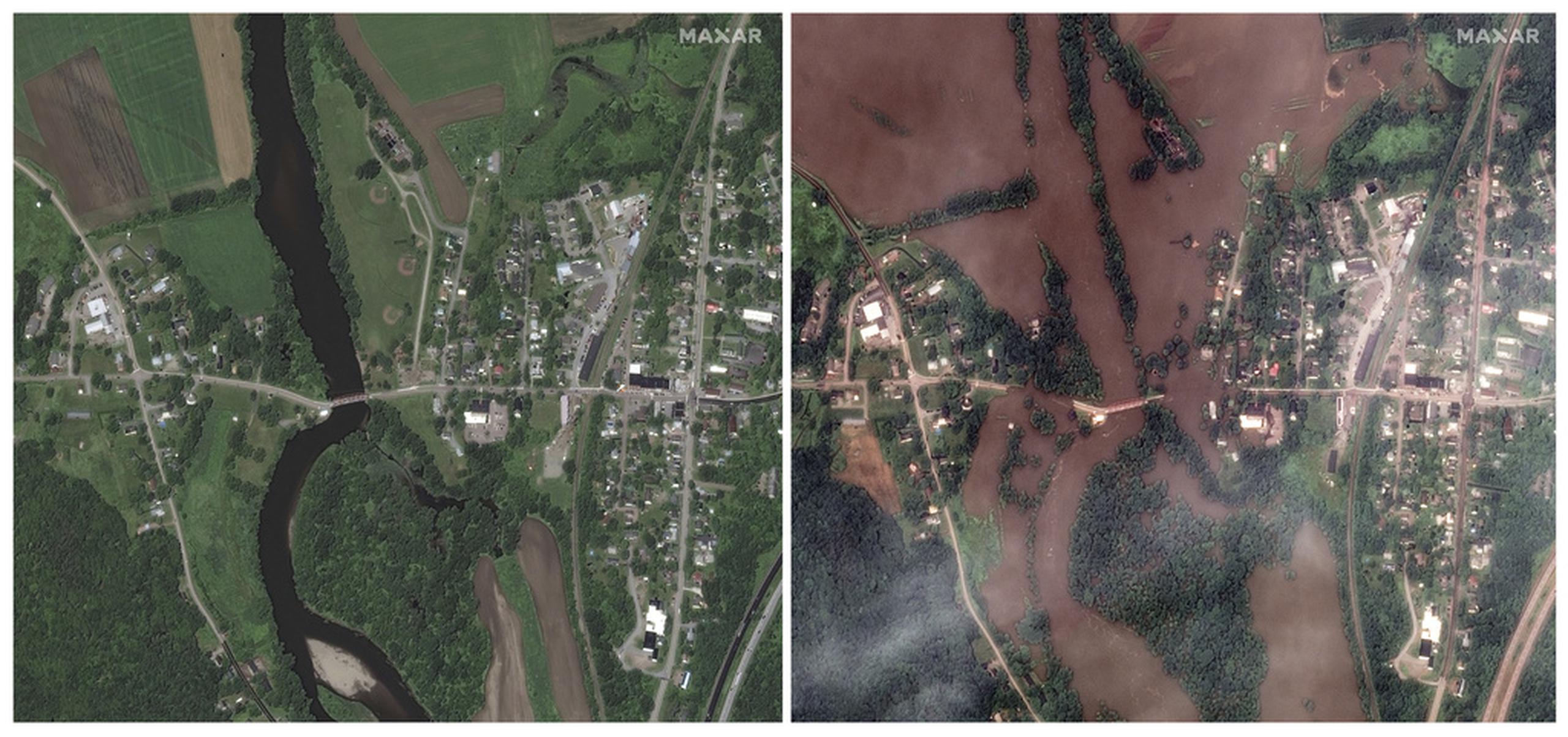 Esta combinación de imágenes satelitales difundidas por Maxar Technologies muestra a la izquierda una vista aérea del río Winooski, el 27 de junio de 2019, en Richmond, Vermont, y a la derecha la misma zona durante una inundación el 11 de julio de 2023.