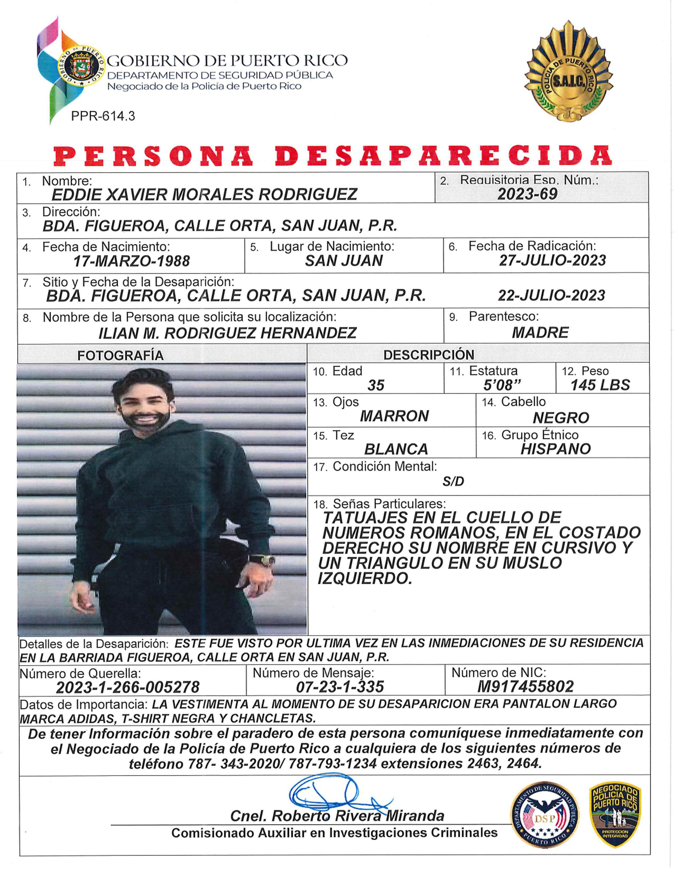 Ficha de reporte de desaparición de Eddie Xavier Morales Rodríguez.
