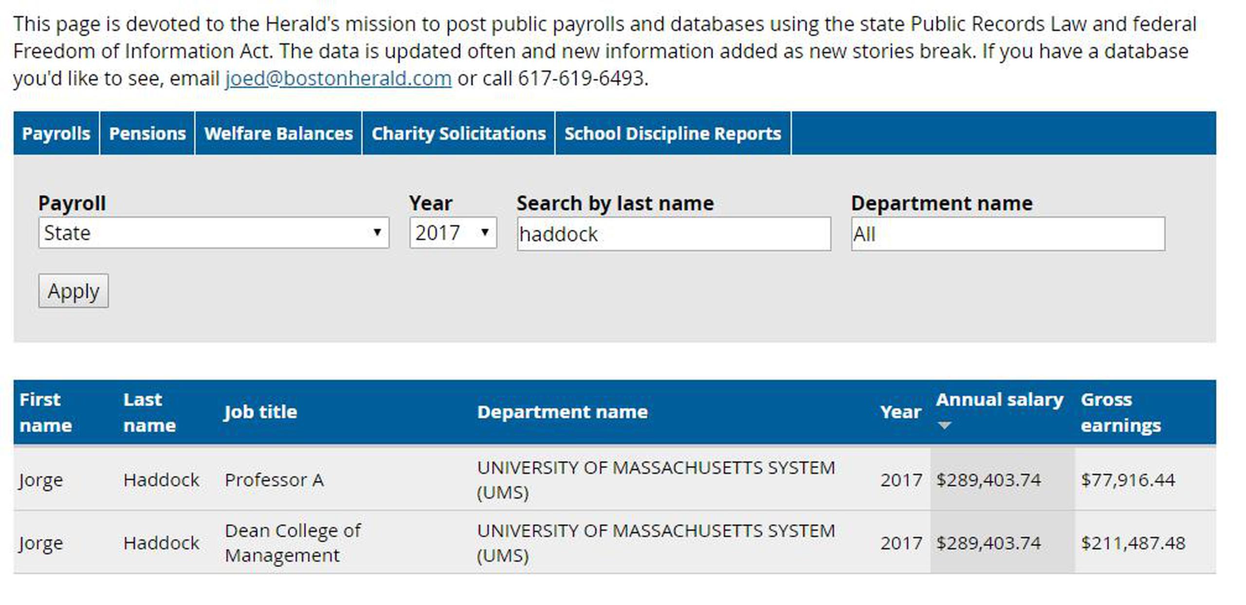 Salario de Haddock Acevedo en la Universidad de Massachusetts , según Boston Herald. 