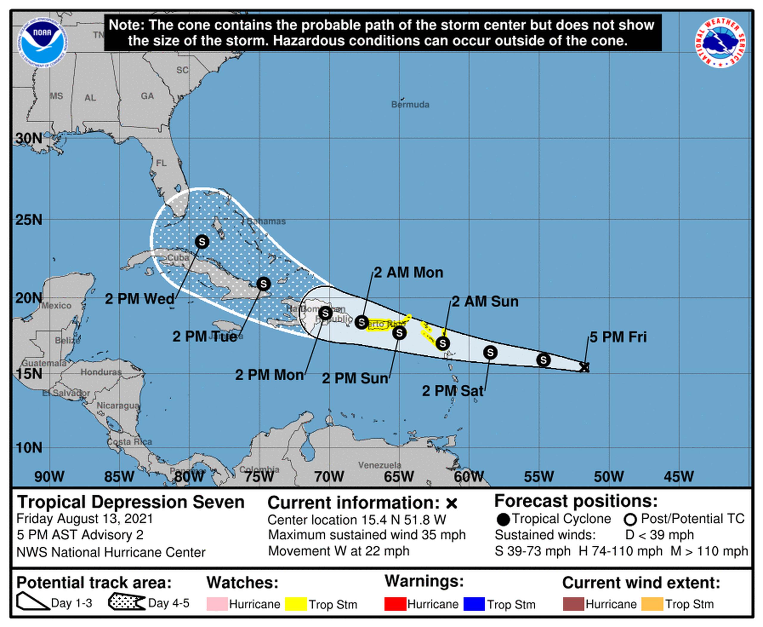 Trayectoria de la depresión tropical 7 a las 5:00 p.m. del viernes 13 de agosto. (NOAA)