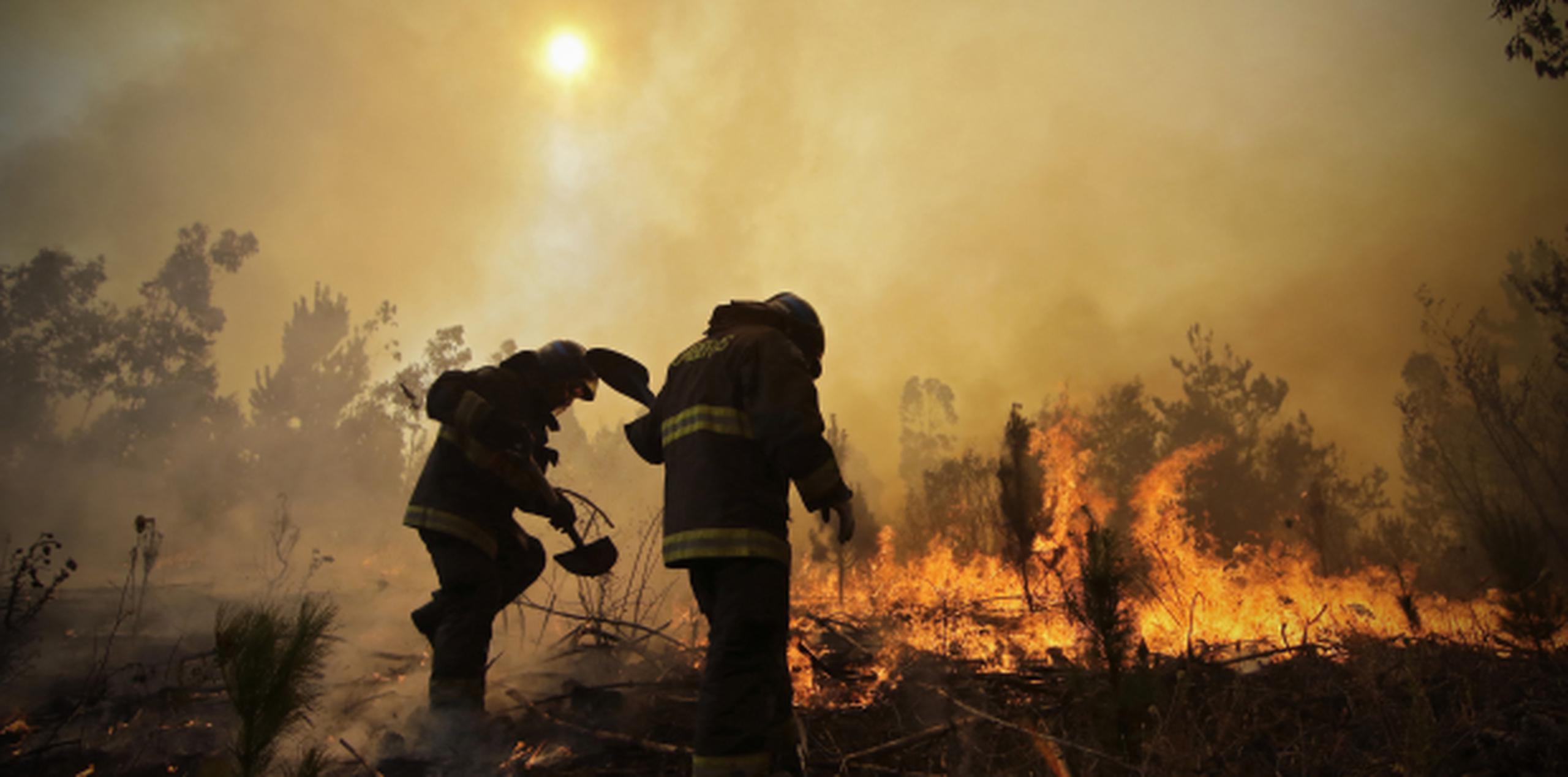 Un grupo de bomberos excava una trinchera en un esfuerzo por contener el incendio que está arrasando el centro de Chile. (Alejandro Zoñez/Aton via AP)