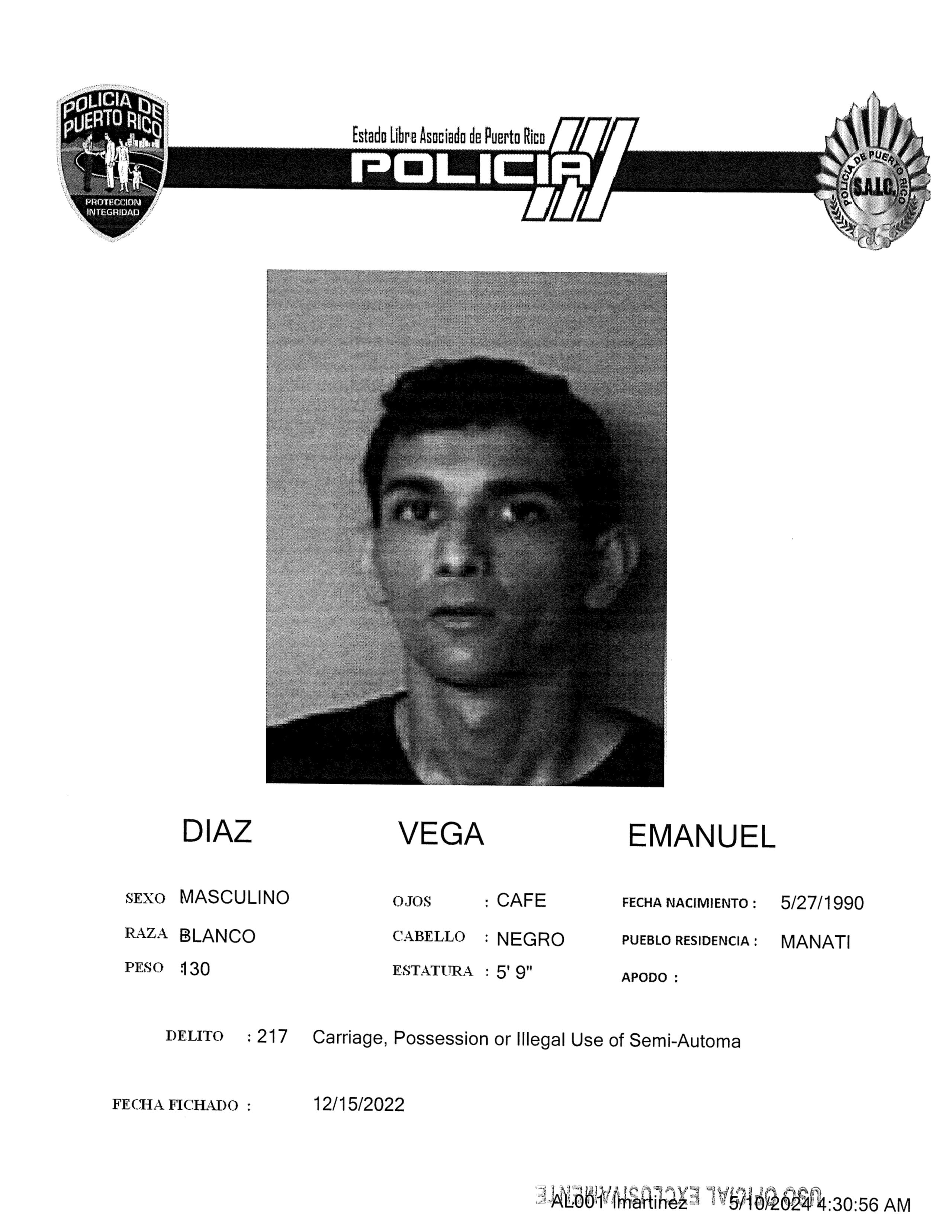 Emanuel Díaz Vega, conocido como "Pecue", fue asesinado el jueves 9 de mayo de 2024 en Manatí.