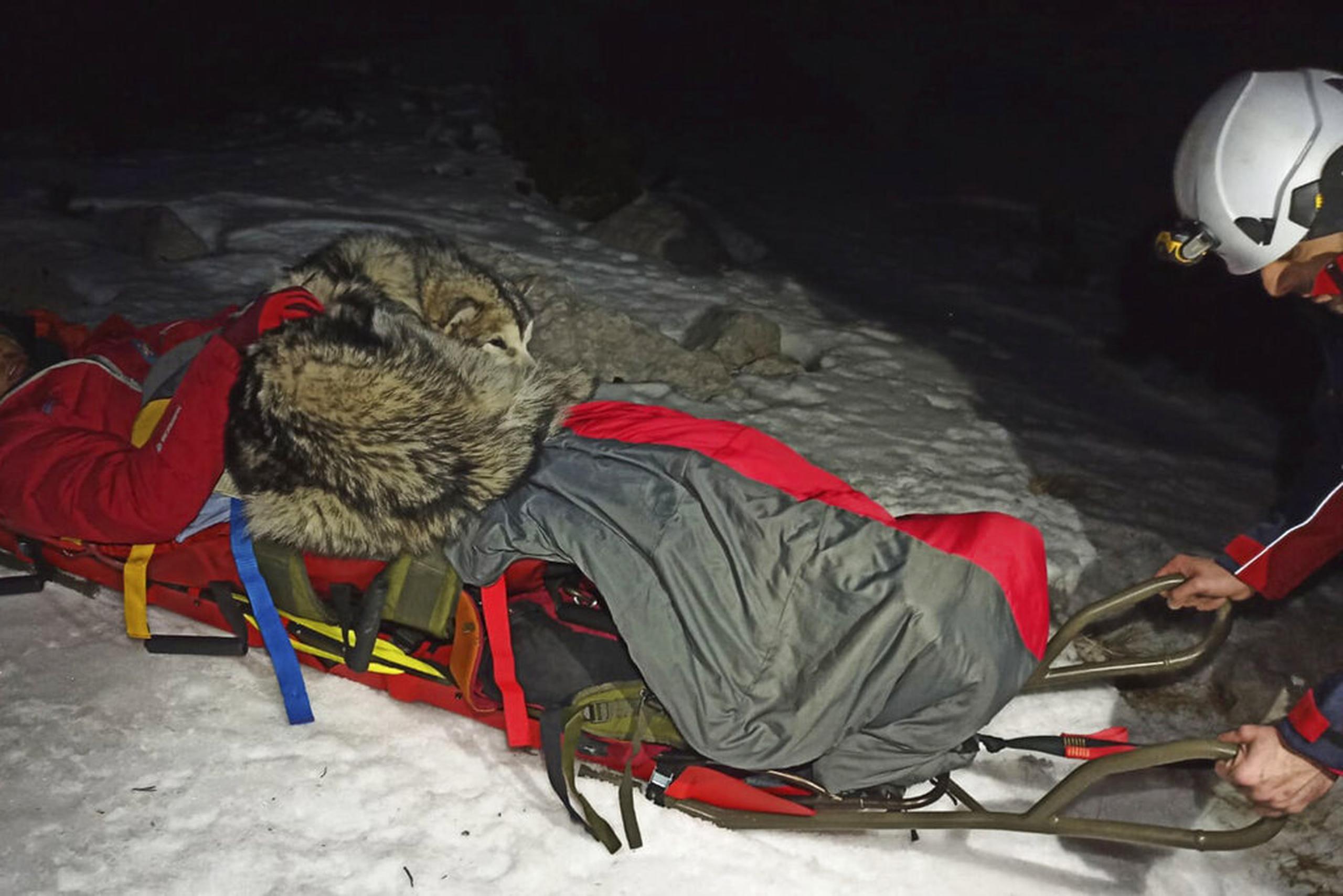 Esta foto proporcionada por el Servicio de Rescate de Montaña de Croacia muestra al montañista con su perro North durante el operativo de rescate en el monte Velebit.