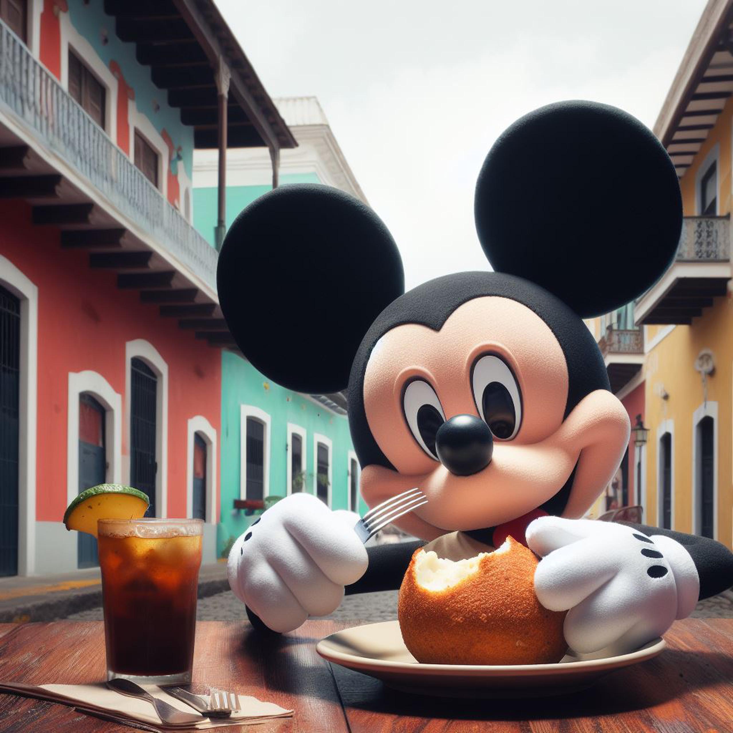 Imágenes producidas con el texto: “Mickey Mouse comiendo mofongo en el Viejo San Juan, Puerto Rico, estilo Disney Pixar”.
