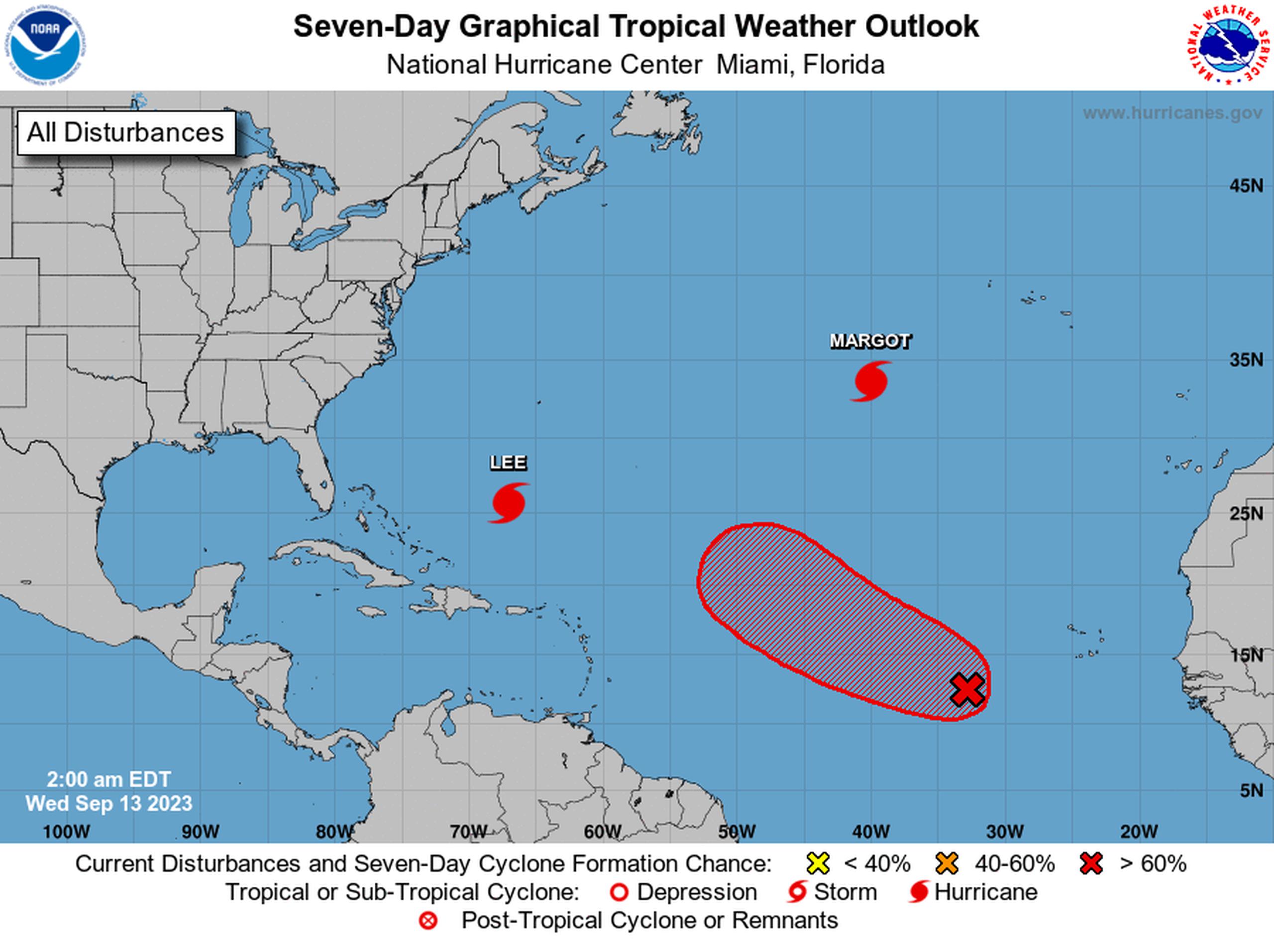 Perspectiva gráfica del clima tropical del Atlántico para siete días el 13 de septiembre de 2023.