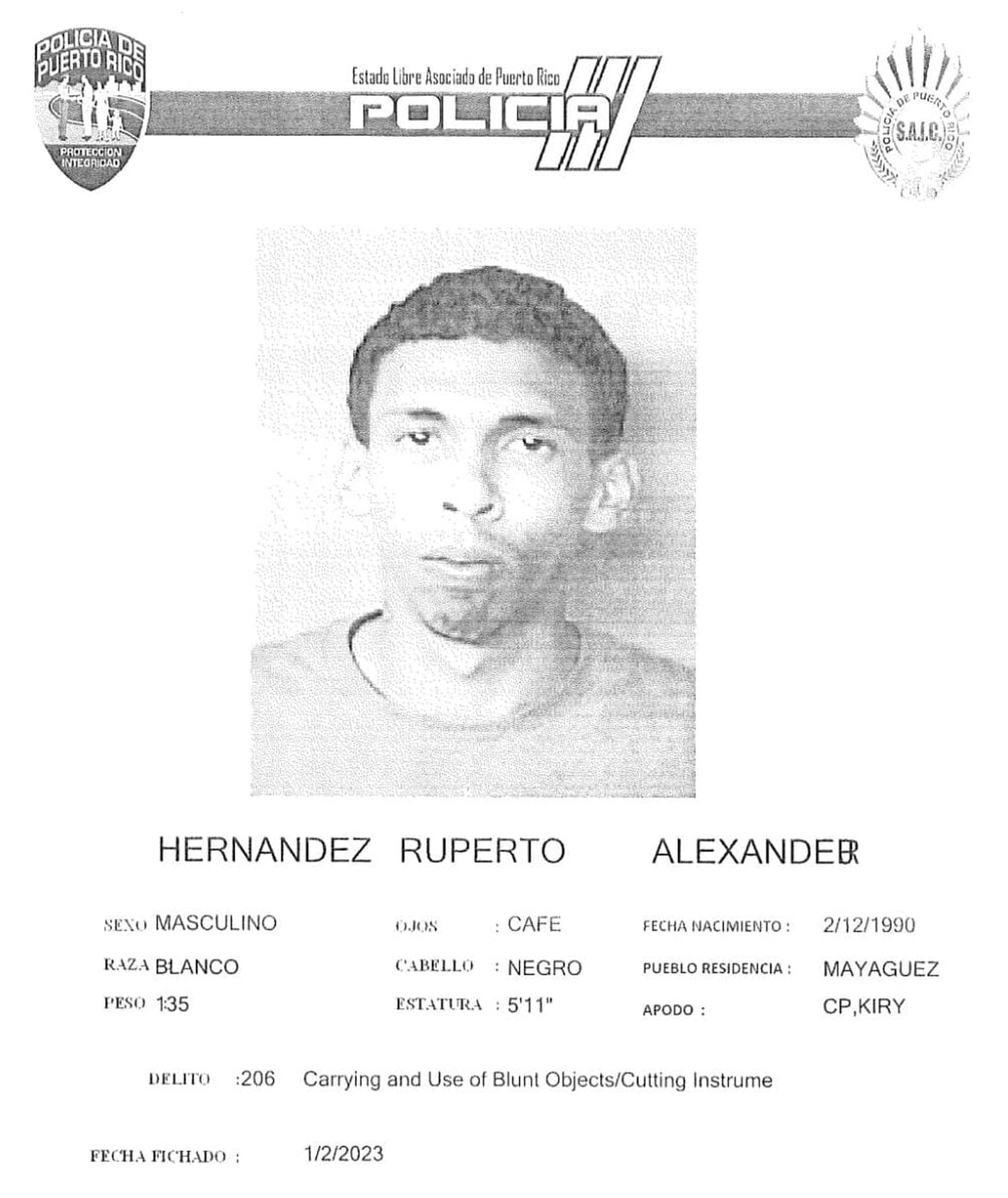 Alexander J. Hernández Ruperto de 32 años, fue encarcelado en el complejo correccional de Ponce, al no prestar la fianza de $150,000.00.
