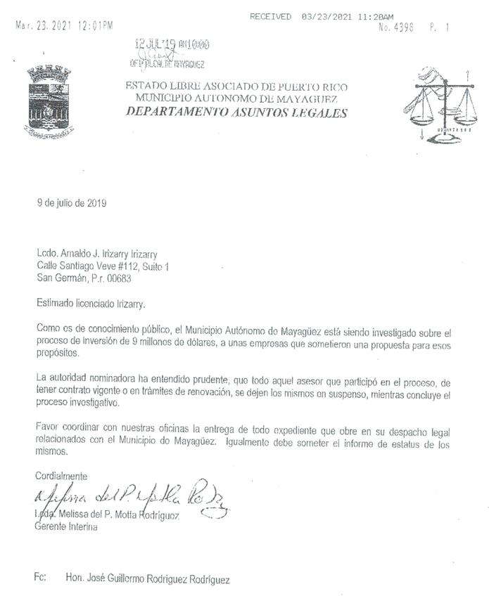 Carta del municipio de Mayagüez en relación al caso federal del exasesor Arnaldo J. Irizarry.