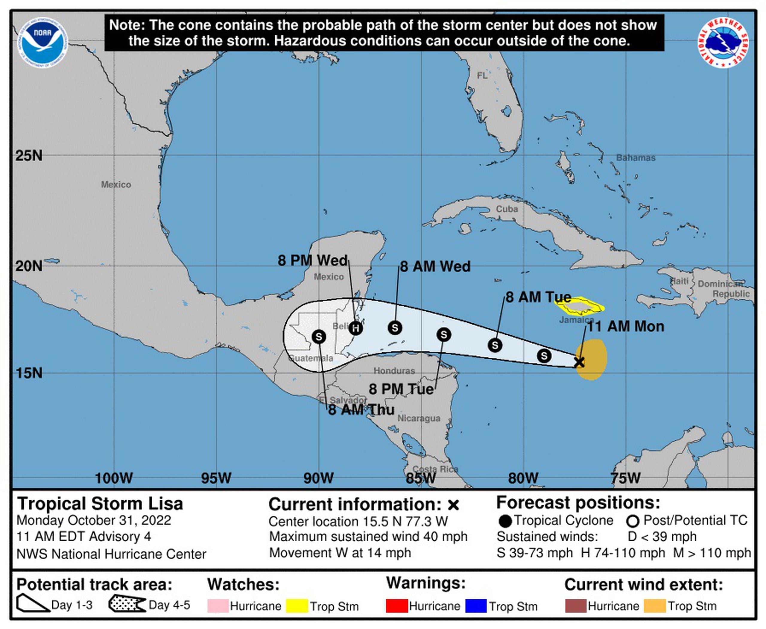 Fotografía cedida por la Oficina Nacional de Administración Oceánica y Atmosférica (NOAA) a través del Centro Nacional de Huracanes (NHC) donde se muestra el pronóstico de cinco días del paso de la tormenta tropical Lisa. EFE/ NOAA-NHC