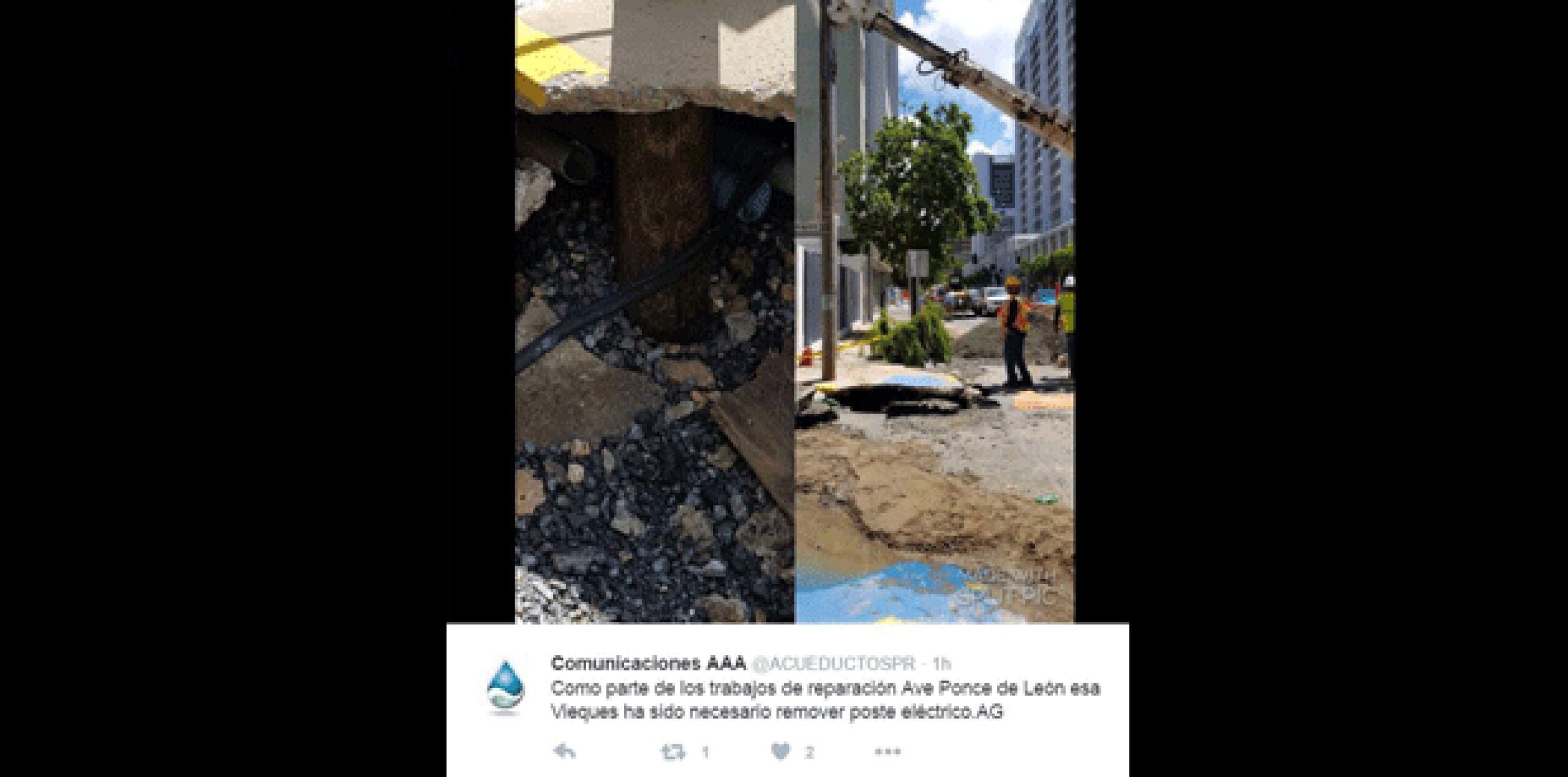 Se está reparando la línea 20, de la Avenida Ponce de León, esquina calle Vieques, en Hato Rey. (Twitter)