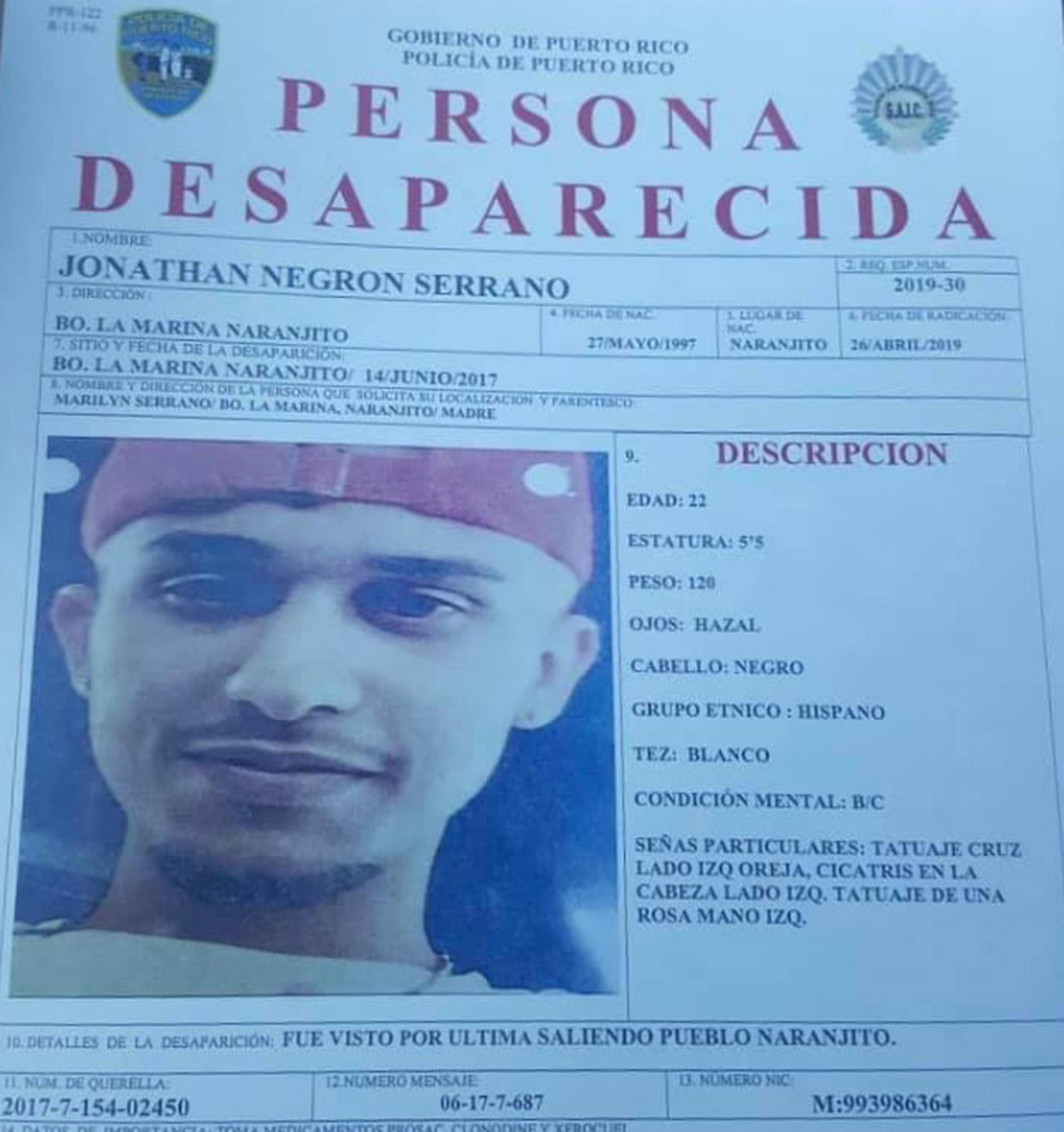 La requisitoria de desaparecido fue publicada el 26 de abril del 2019, ya que para esa fecha fue que su madre autorizó a las autoridades a divulgar su foto.
