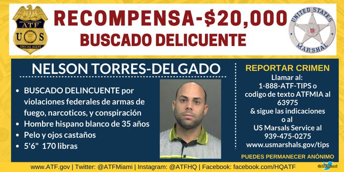 Ficha de Nelson Torres Delgado, alias El Burro, compartida por la Agencia de Alcohol, Tabaco, Armas de Fuego y Explosivos (ATF, en inglés).