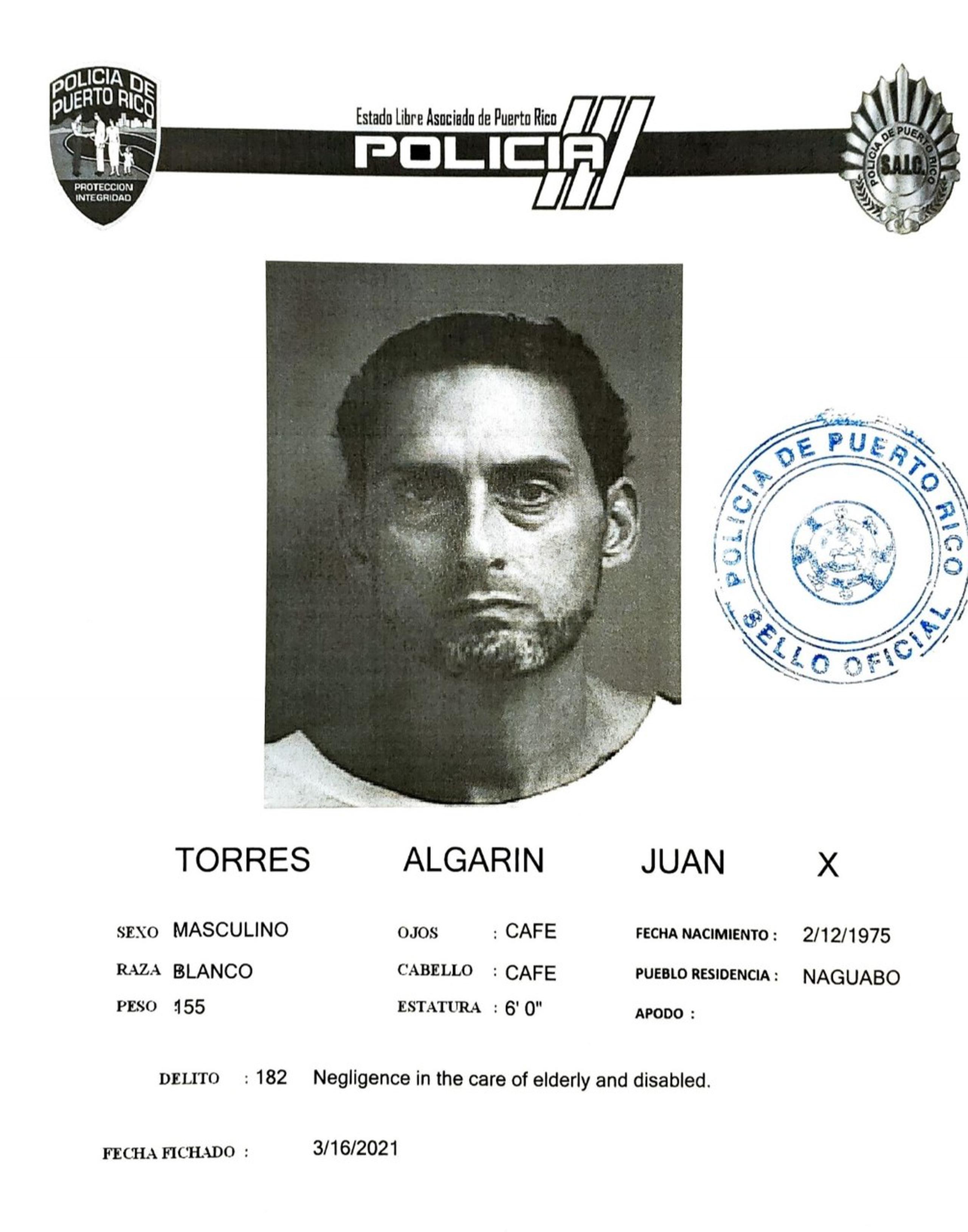 La jueza Ingrid Alvarado Delgado, del Tribunal de Caguas, causa para arresto contra Juan X. Torres Algarín, de 46 años, por los delitos de robo y maltrato a una [persona de edad avanzada y le fijó una fianza de $10,000.