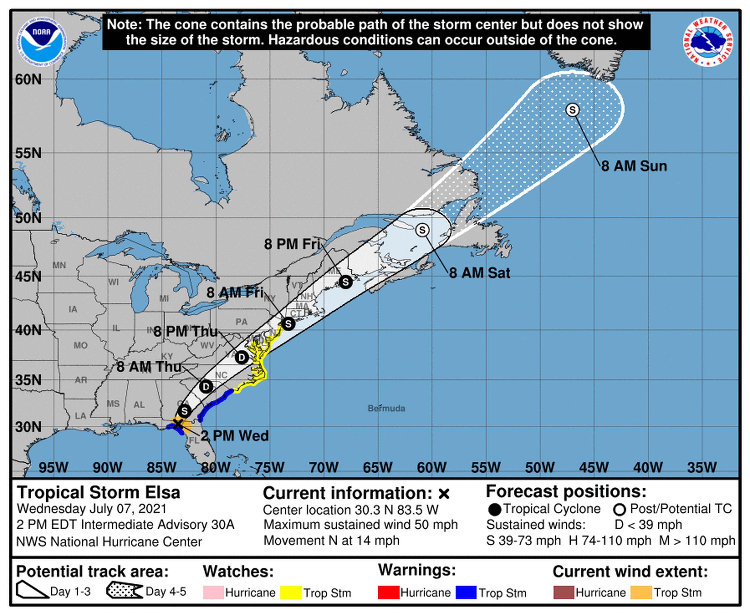 Pronóstico de la tormenta tropical Elsa emitido a las 2:00 de la tarde del 7 de julio de 2021 por el Centro Nacional de Huracanes de los Estados Unidos.