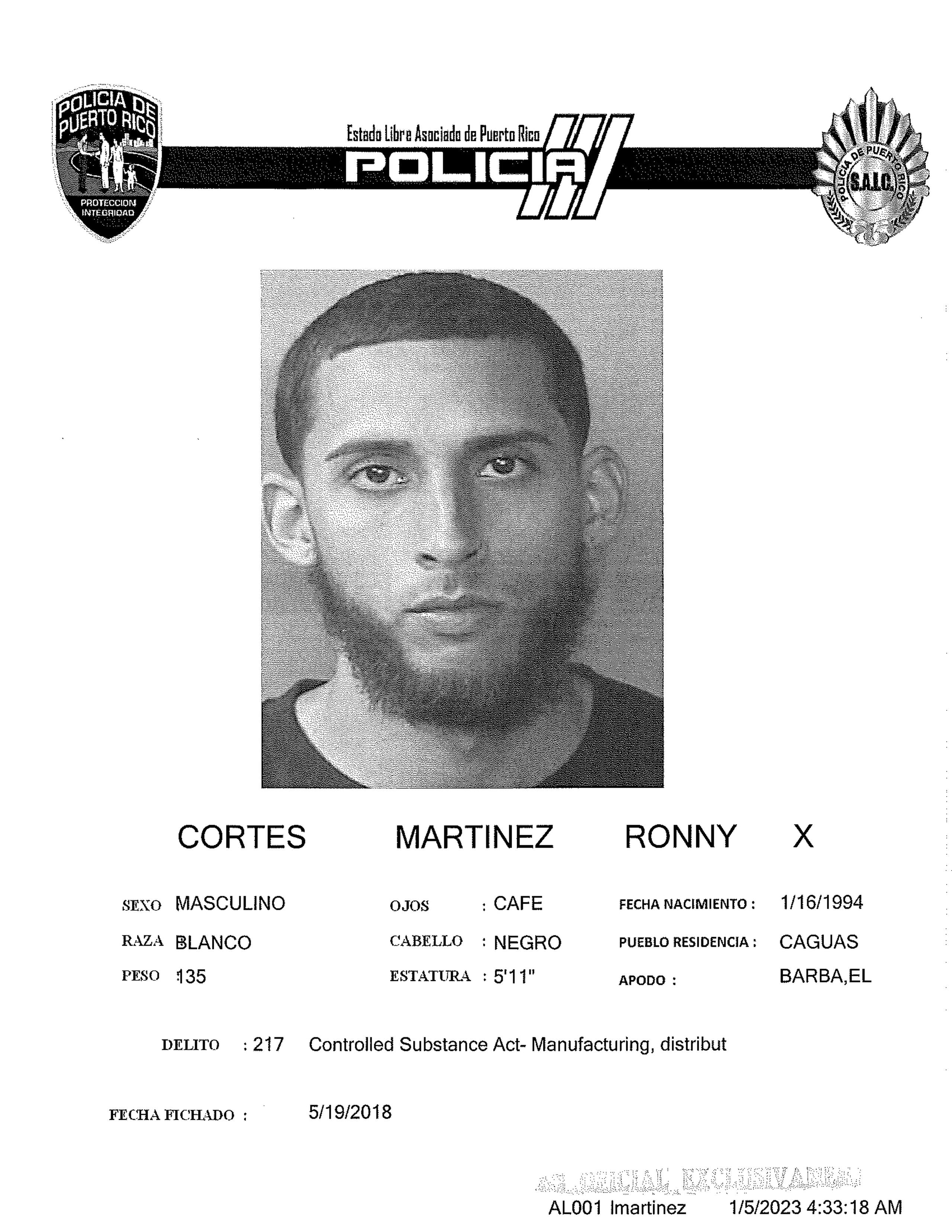 Ficha policíaca de Ronny Xavier Cortés Martínez alias "El Barba".