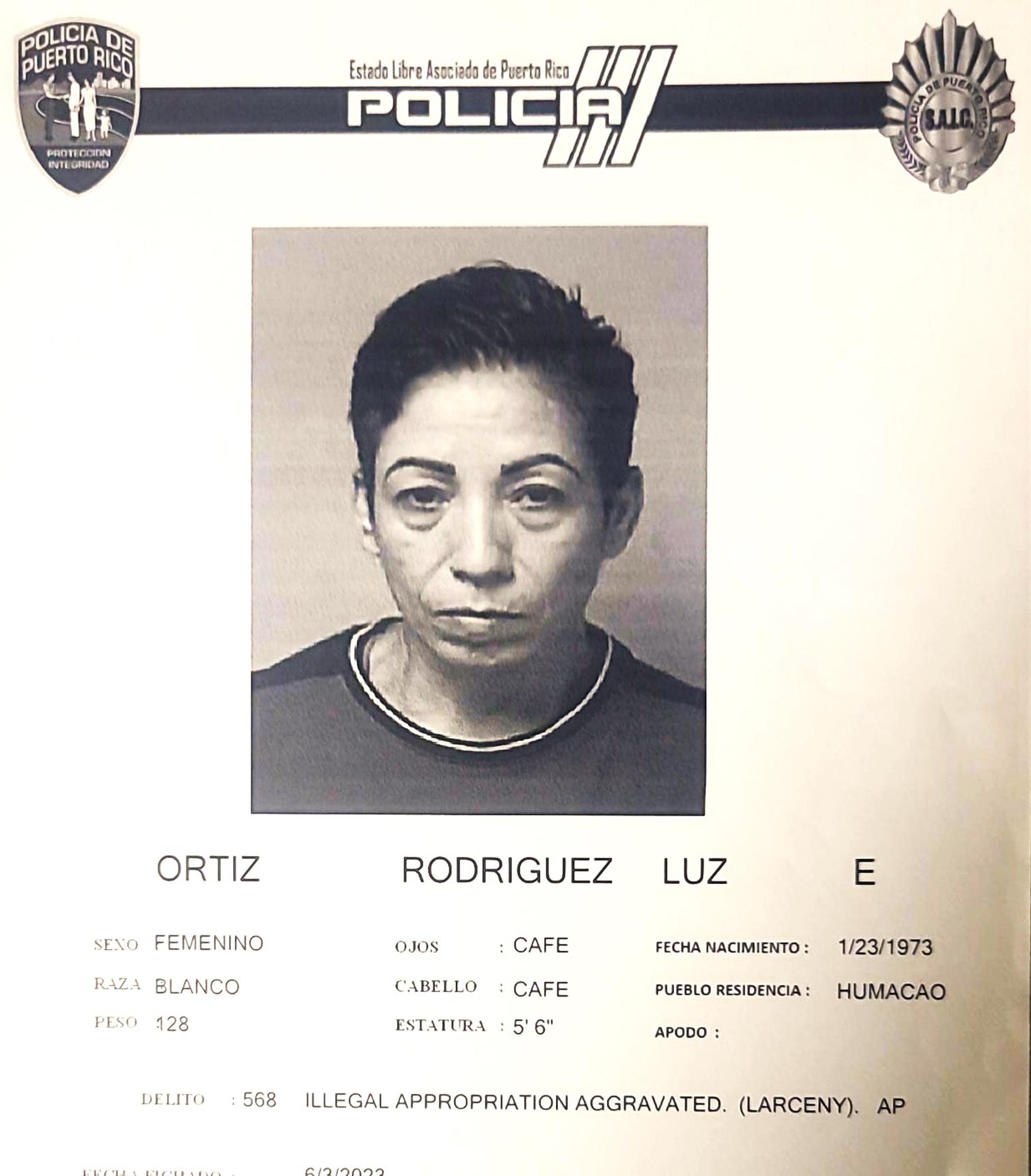 Ficha de Luz E. Ortiz imputada de apropiación ilegal de mercancía de Home Depot, en Humacao