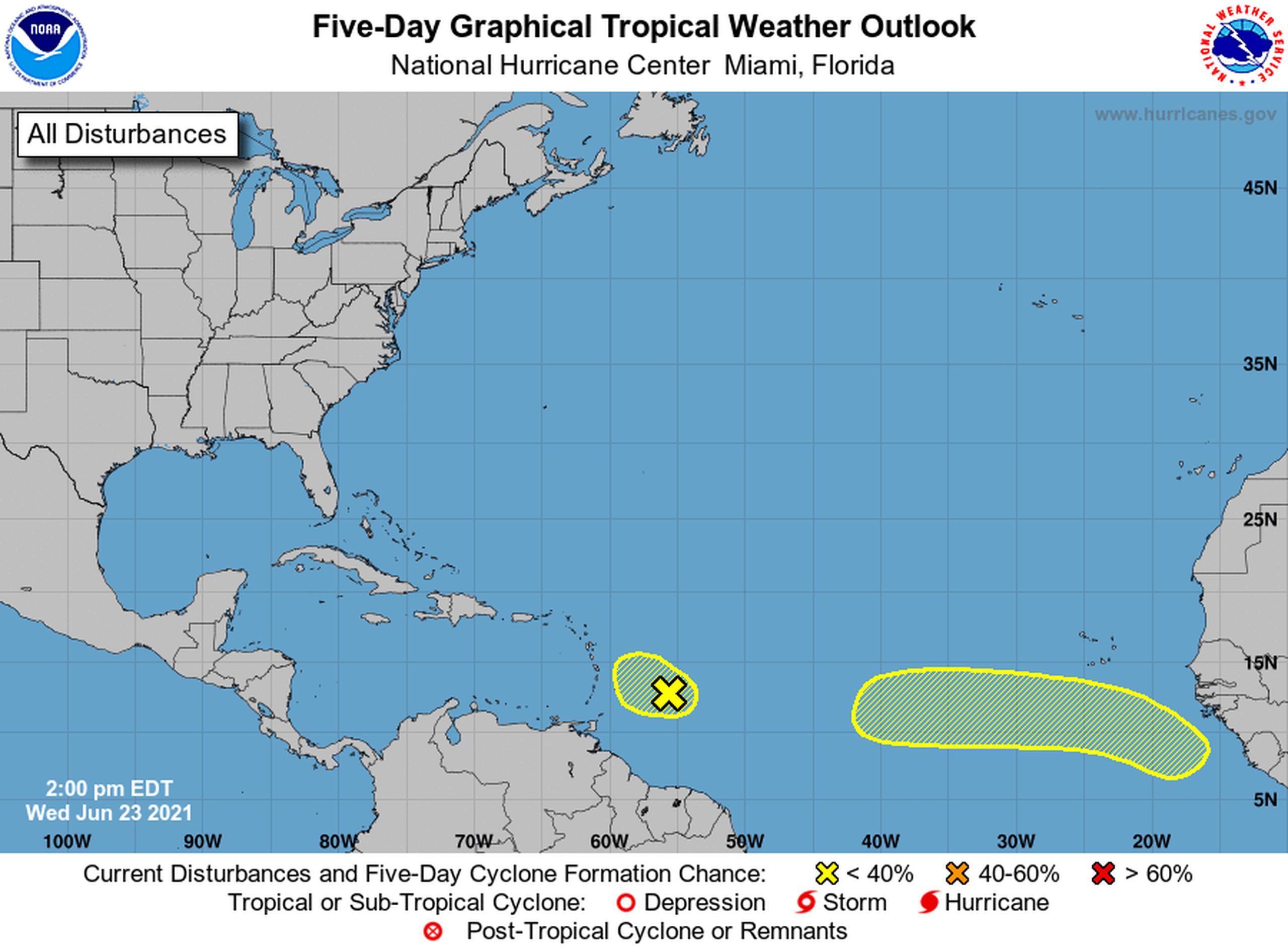 Ondas tropicales que el Centro Nacional de Huracanes monitorea en el Atlántico