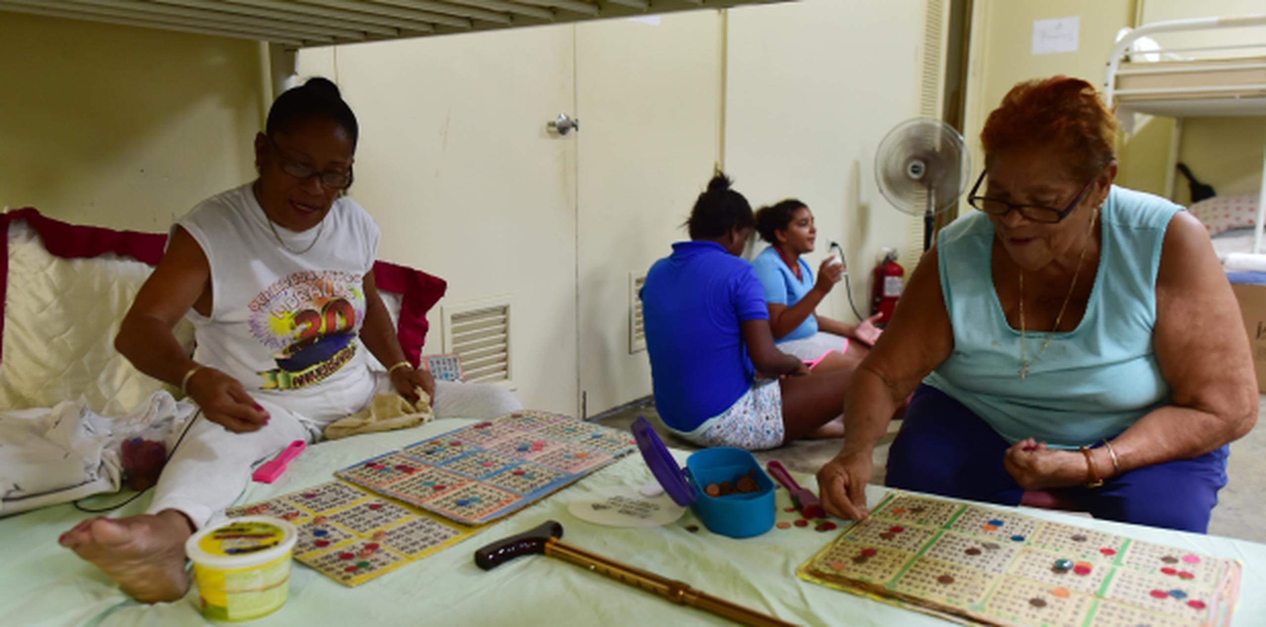 Felícita Maldonado y Diana Félix juegan bingo en un refugio en Vieques. (LUIS.ALCALADELOLMO@GFRMEDIA.COM)