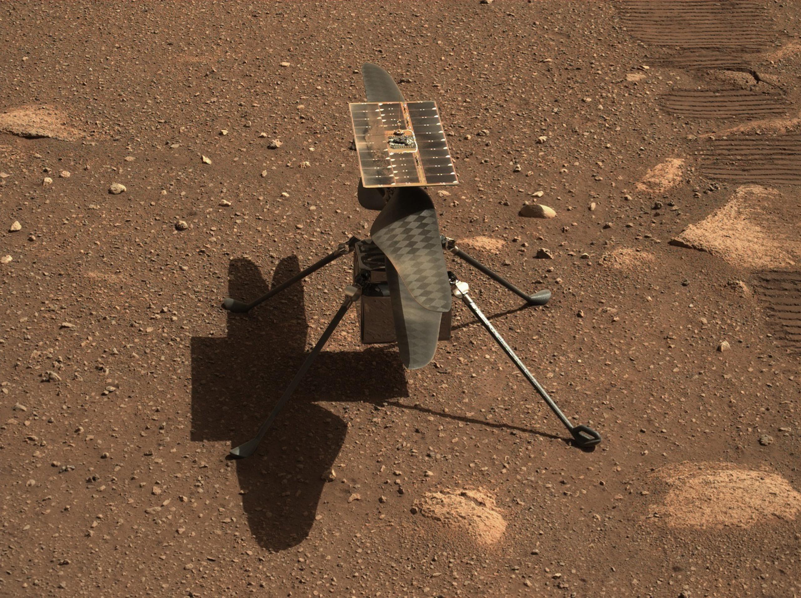Fotografía cedida por la NASA donde se muestra un primer plano del helicóptero Ingenuity tomado el 5 de abril por Mastcam-Z, un par de cámaras con zoom instaladas a bordo del rover Perseverance en Marte.