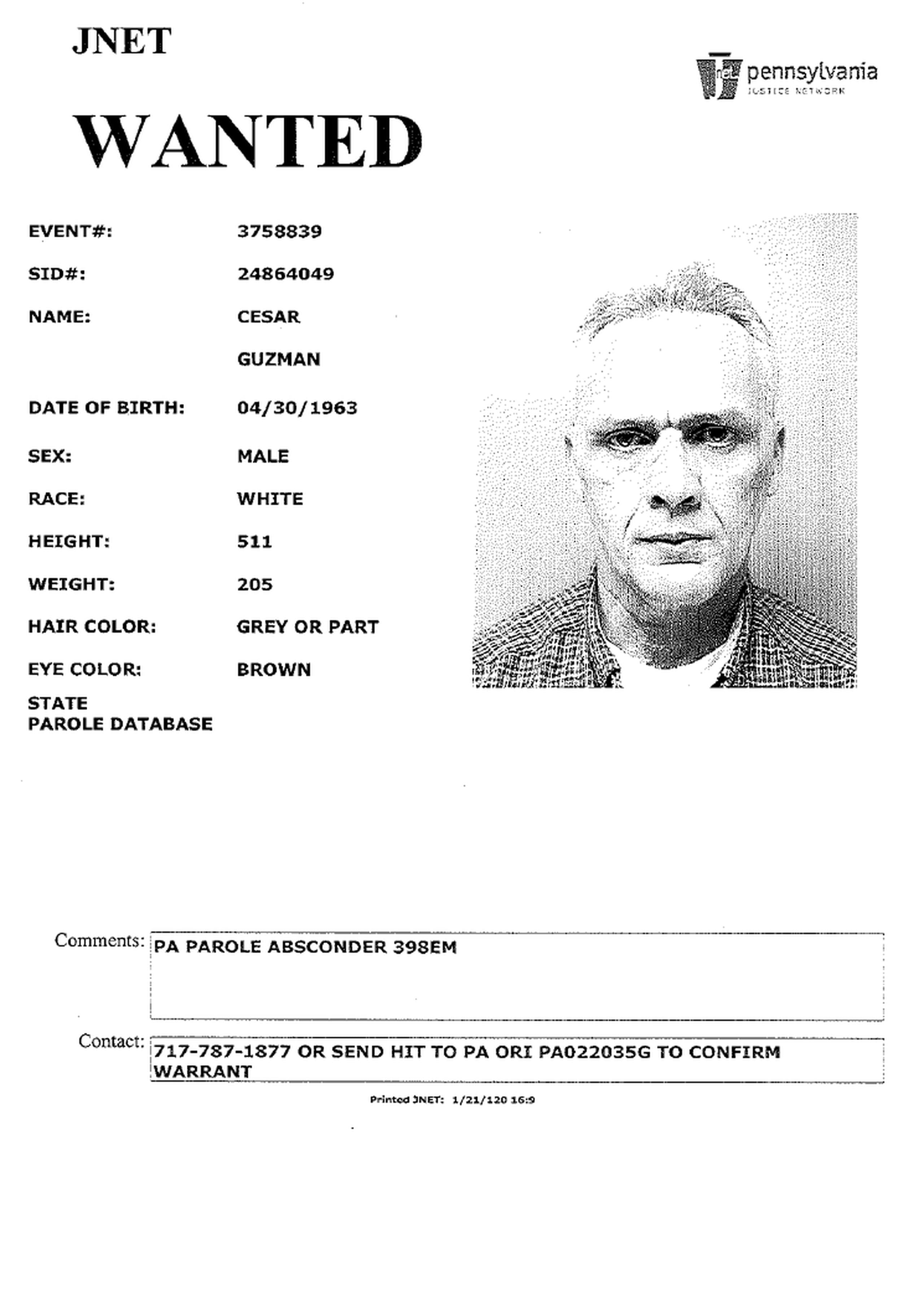 César Rafael Guzmán Andino era requerido en Pensilvania por los delitos de homicidio y acoso de menores.