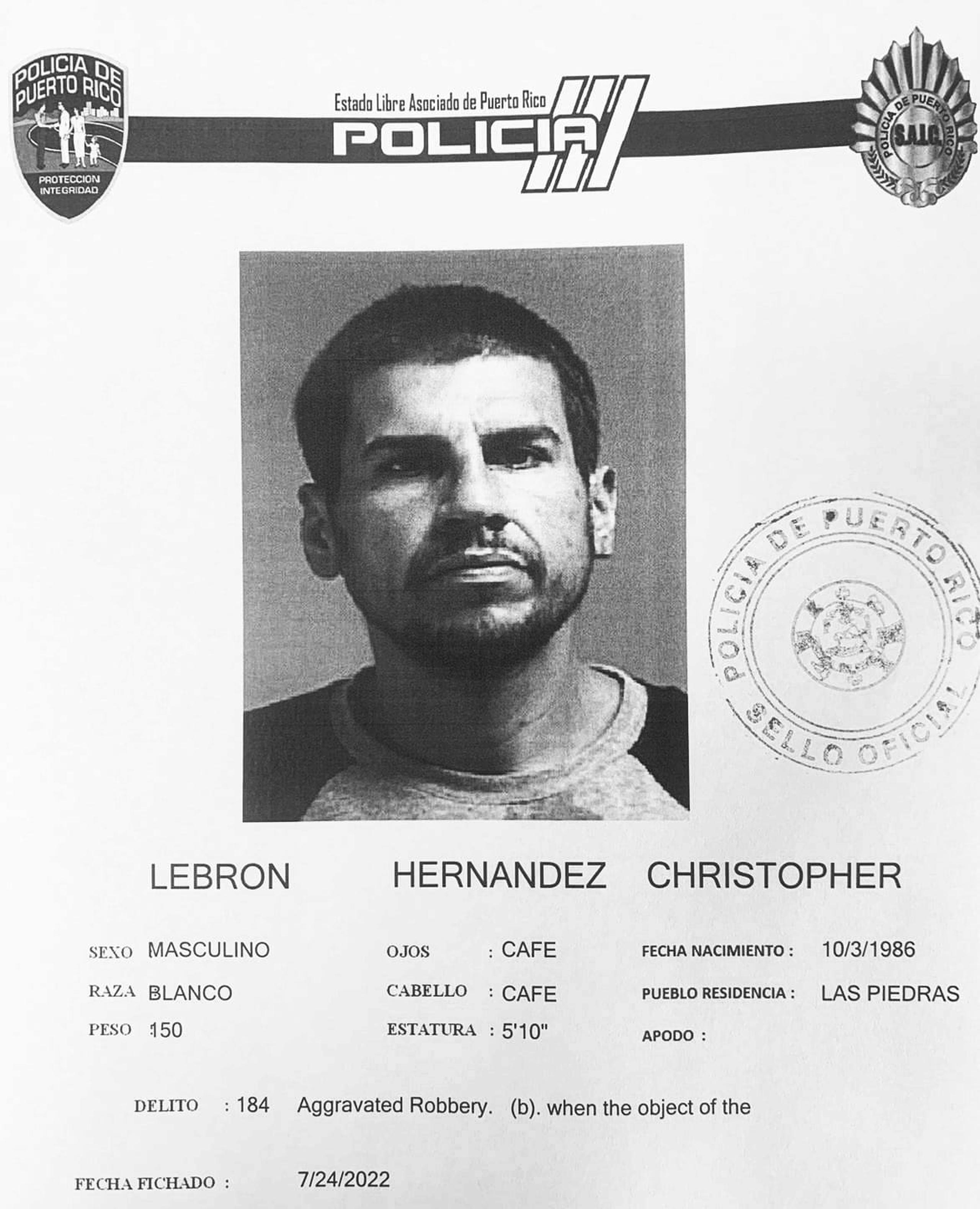 Christopher Lebrón Hernández fue encarcelado al no prestar la fianza de $210,000.00.