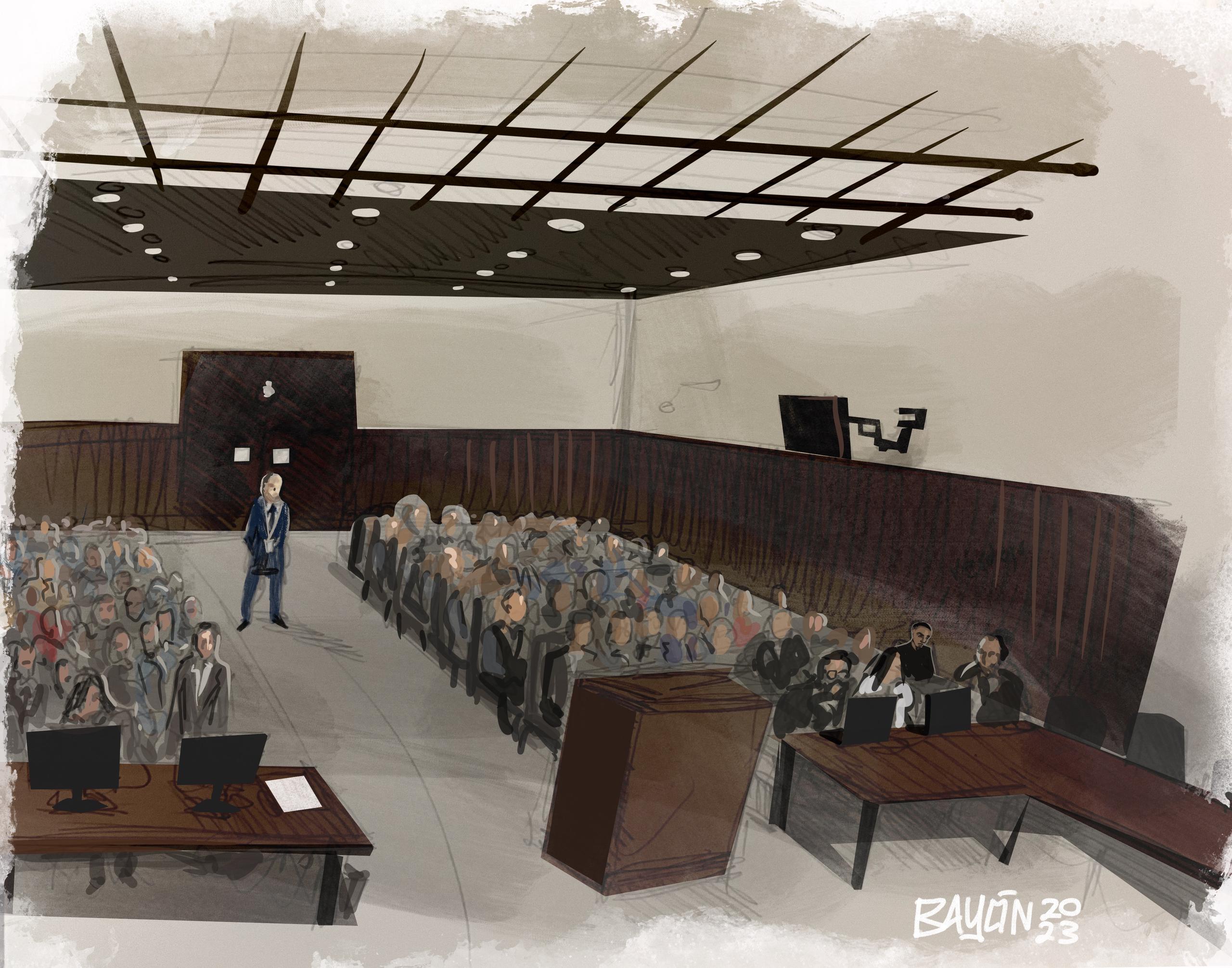 Ilustración de la sala del juez federal Pedro Delgado Hernández, quien preside el caso contra el exboxeador Félix Verdejo.