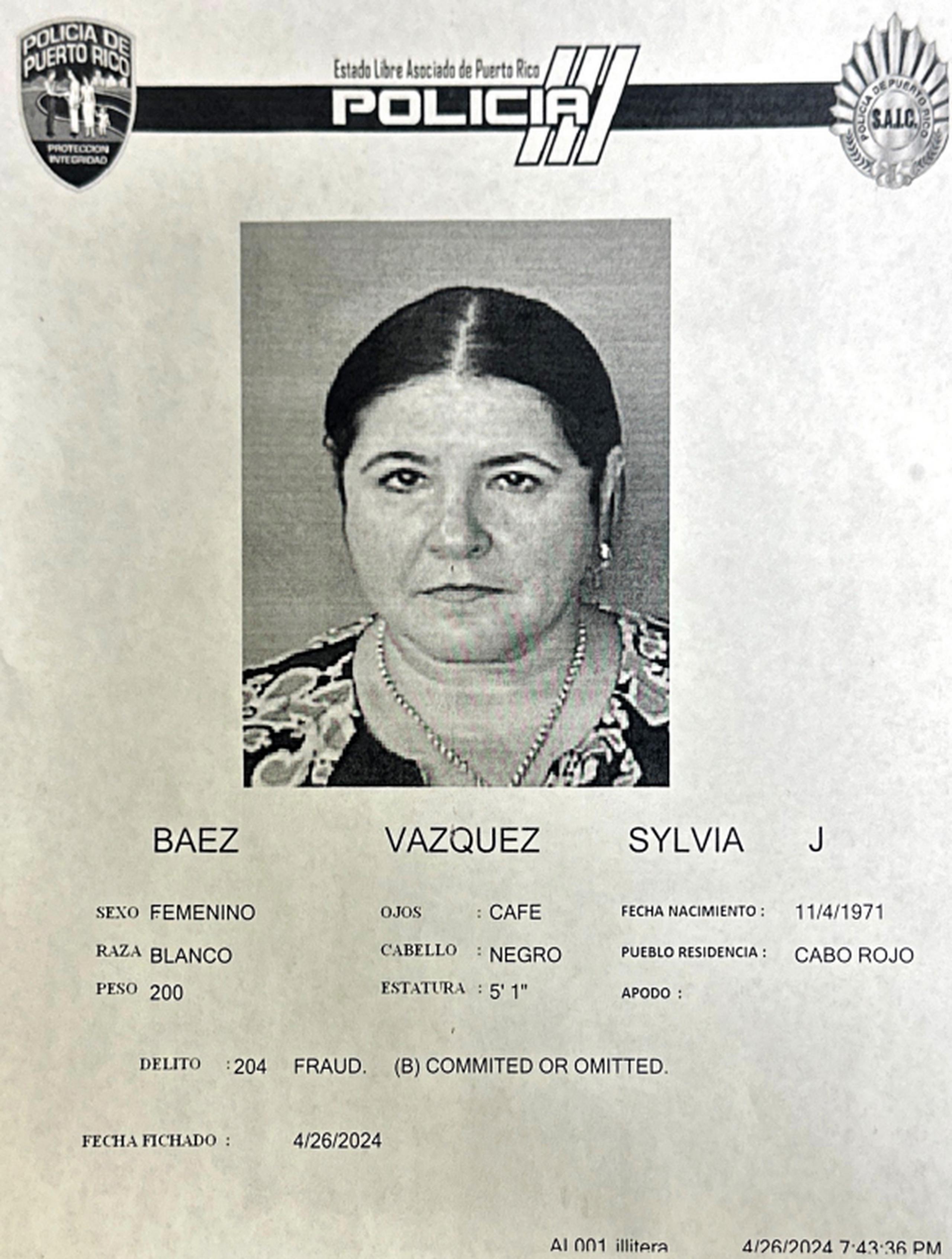 Ficha policiaca de Silvia Báez Vázquez, de 53 años de edad y residente de Sabana Grande.