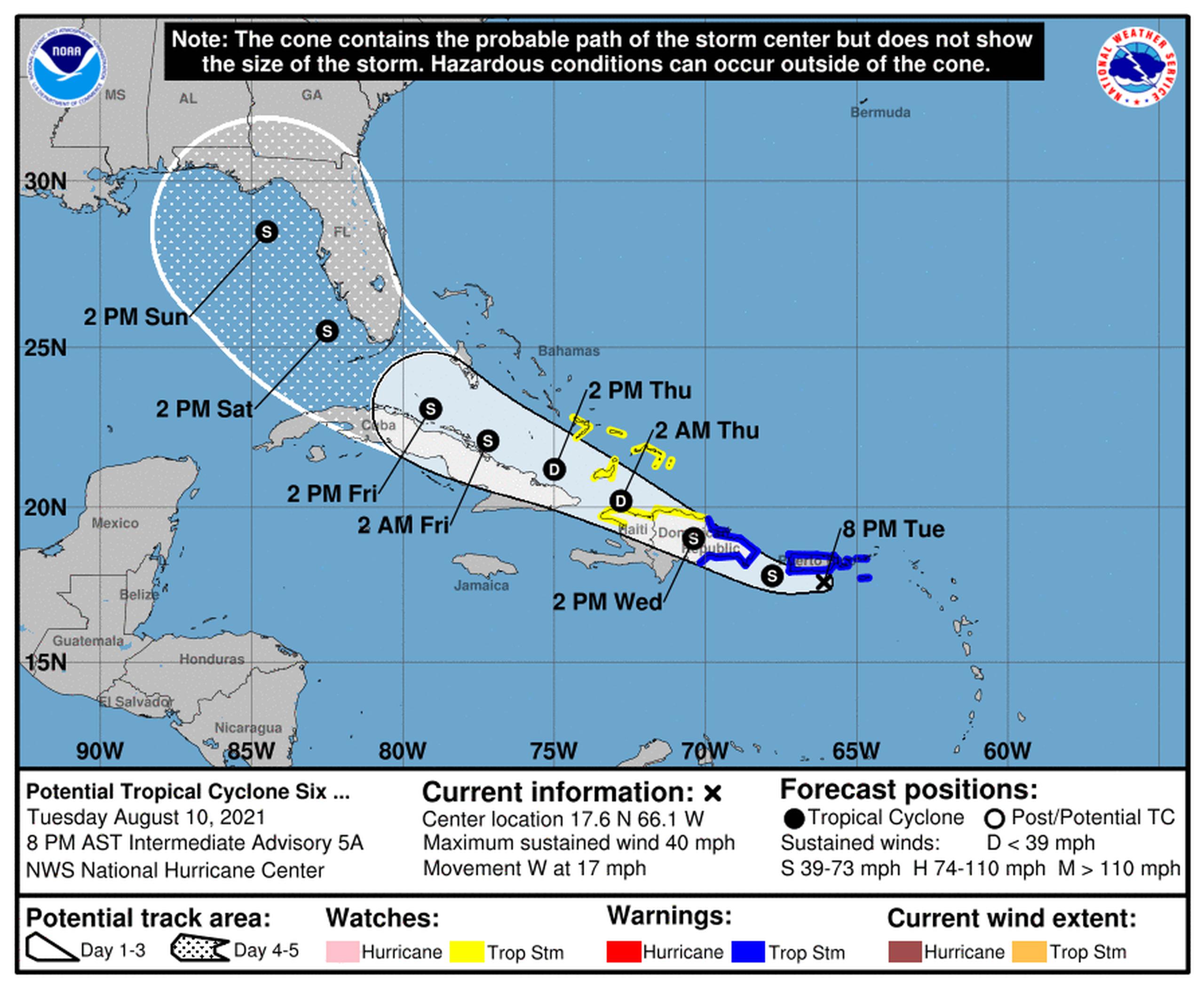 Imagen muestra el cono de incertidumbre del potencial ciclón tropical seis.