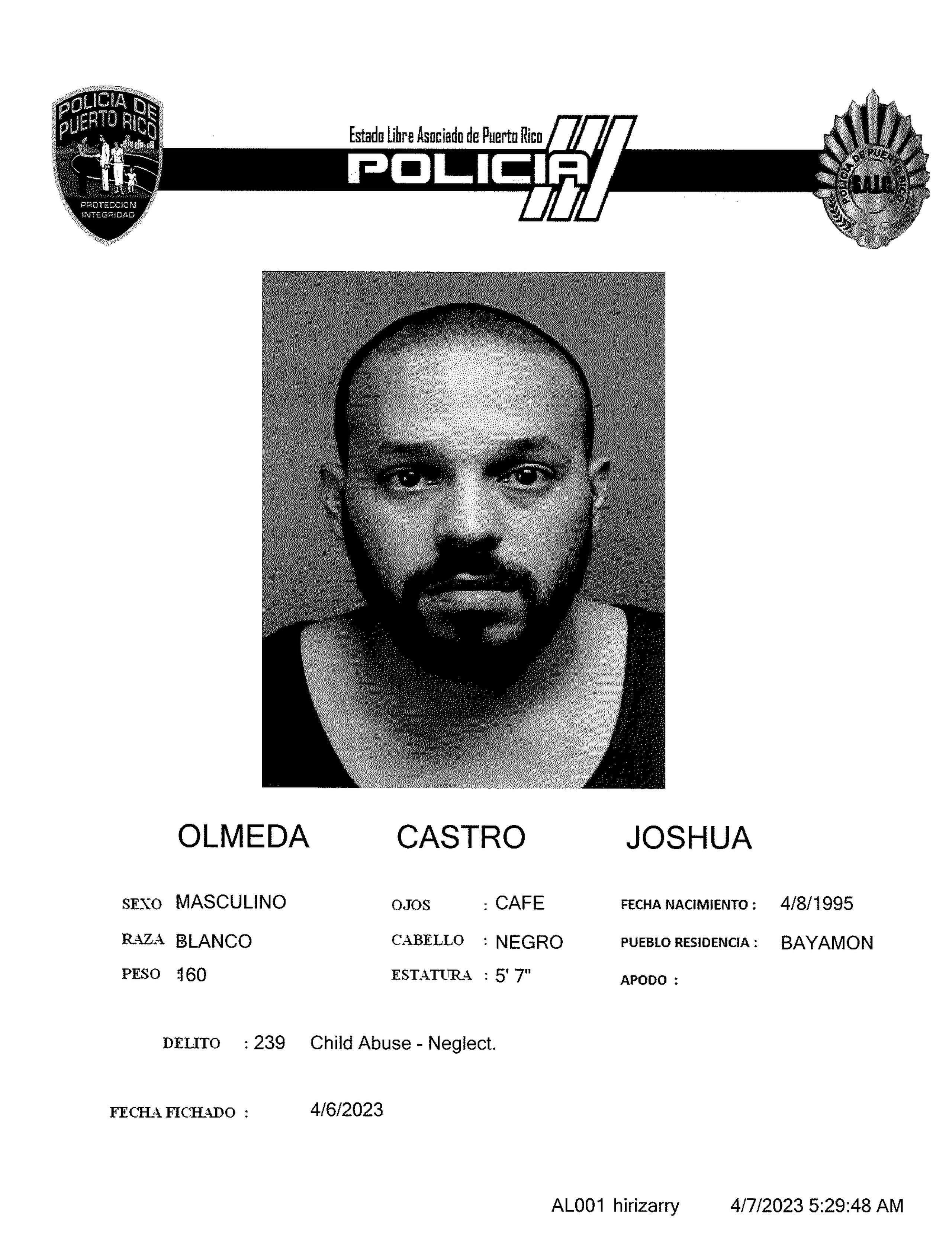 Ficha policial de Joshua Olmeda Castro.