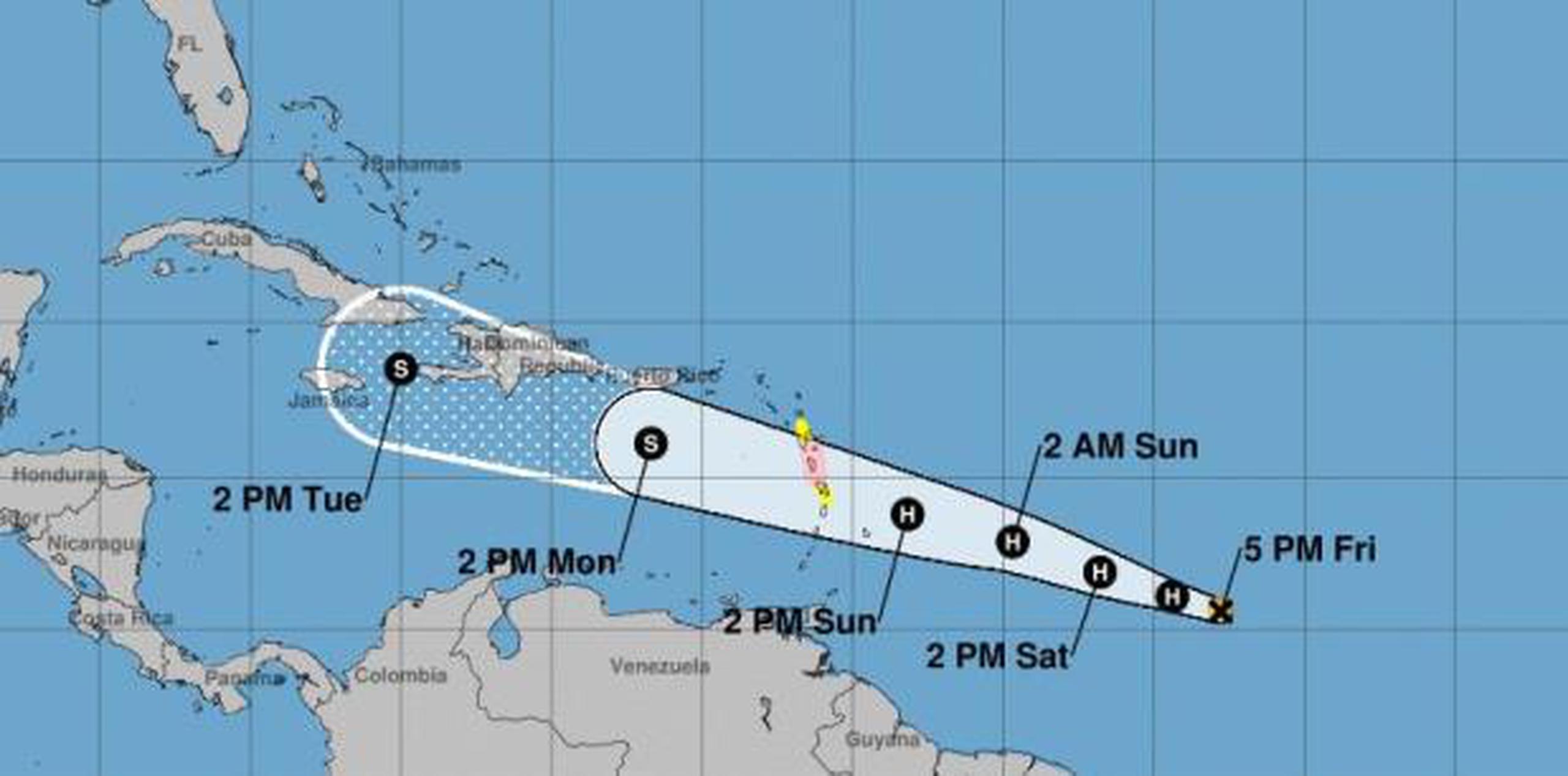 Posible trayectoria de Beryl, según el boletín de las 5:00 p.m. del Centro Nacional de Huracanes. (NOAA)