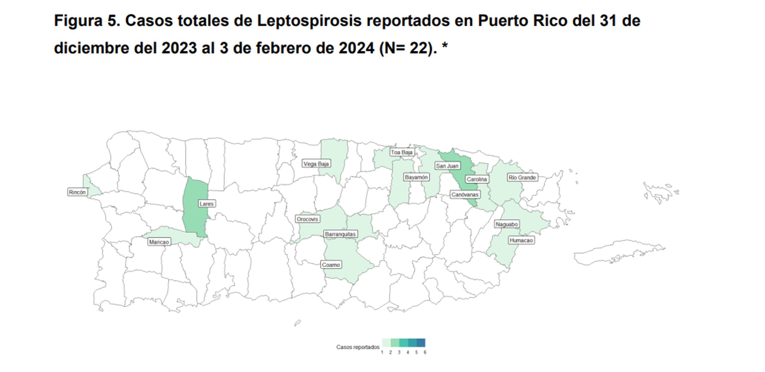 Casos de leptospirosis reportados entre el 31 de diciembre de 2023 y el 3 de febrero de 2024 (Fotocaptura informe del Departamento de Salud).