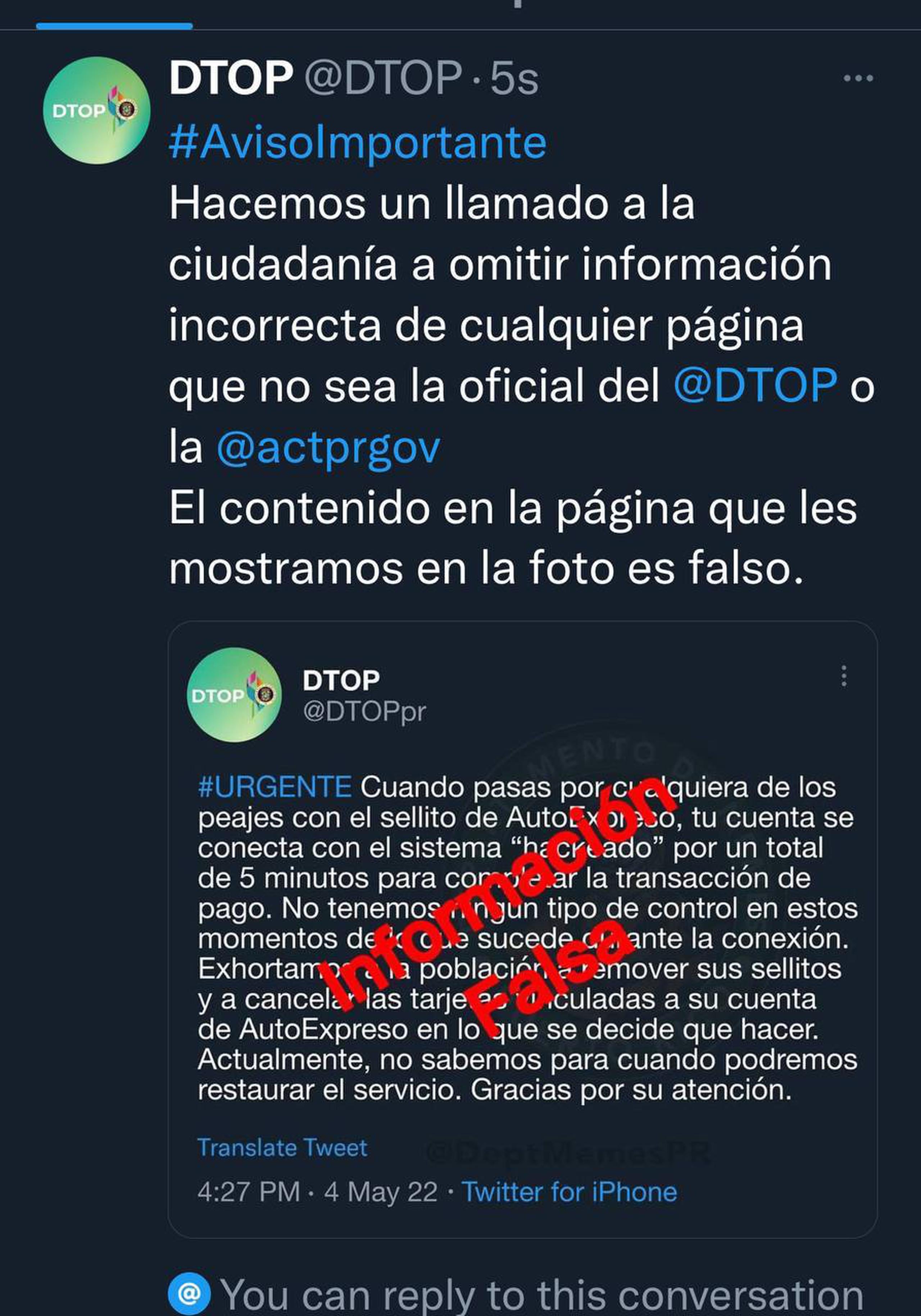 El DTOP alertó a los ciudadanos en un comunicado de prensa a omitir información falsa que provino de una cuenta de Twitter que se hace pasar por la agencia.