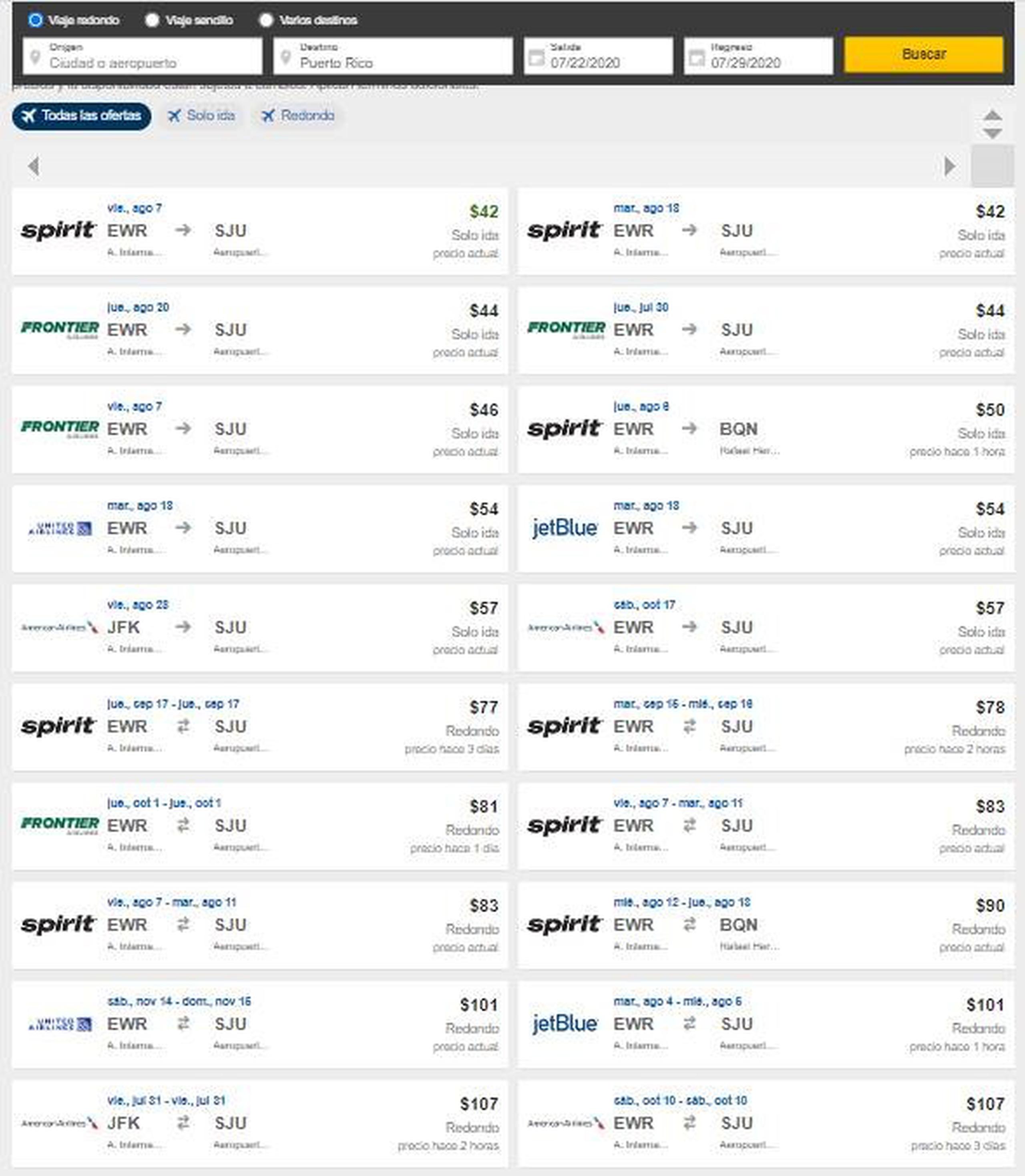 Algunos precios de pasajes hacia Puerto Rico encontrados en la página cibernética Expedia.